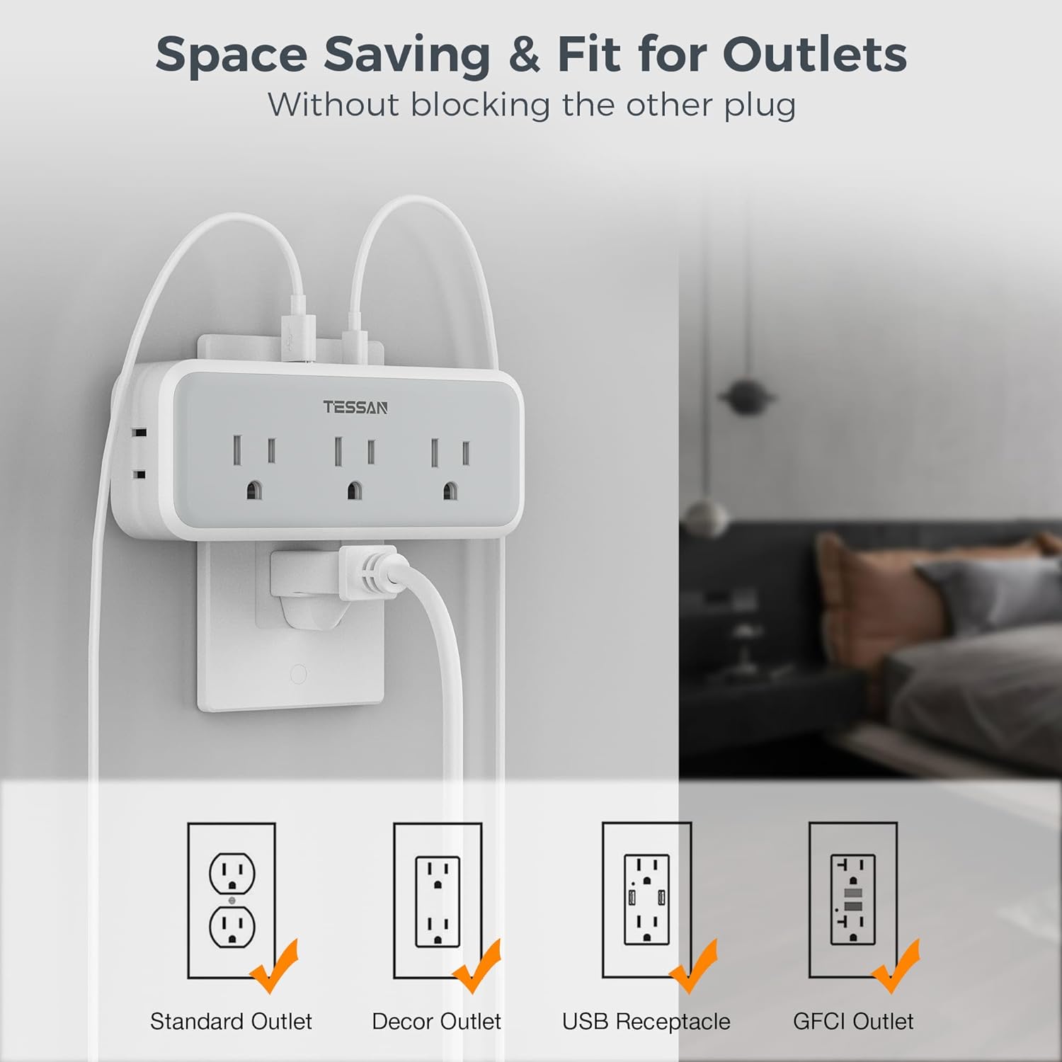 TESSAN Multiple Outlet Splitter with 5 Outlets and 3 USB (2 USB C), Multi Plug Outlet Extender, USB Wall Charger