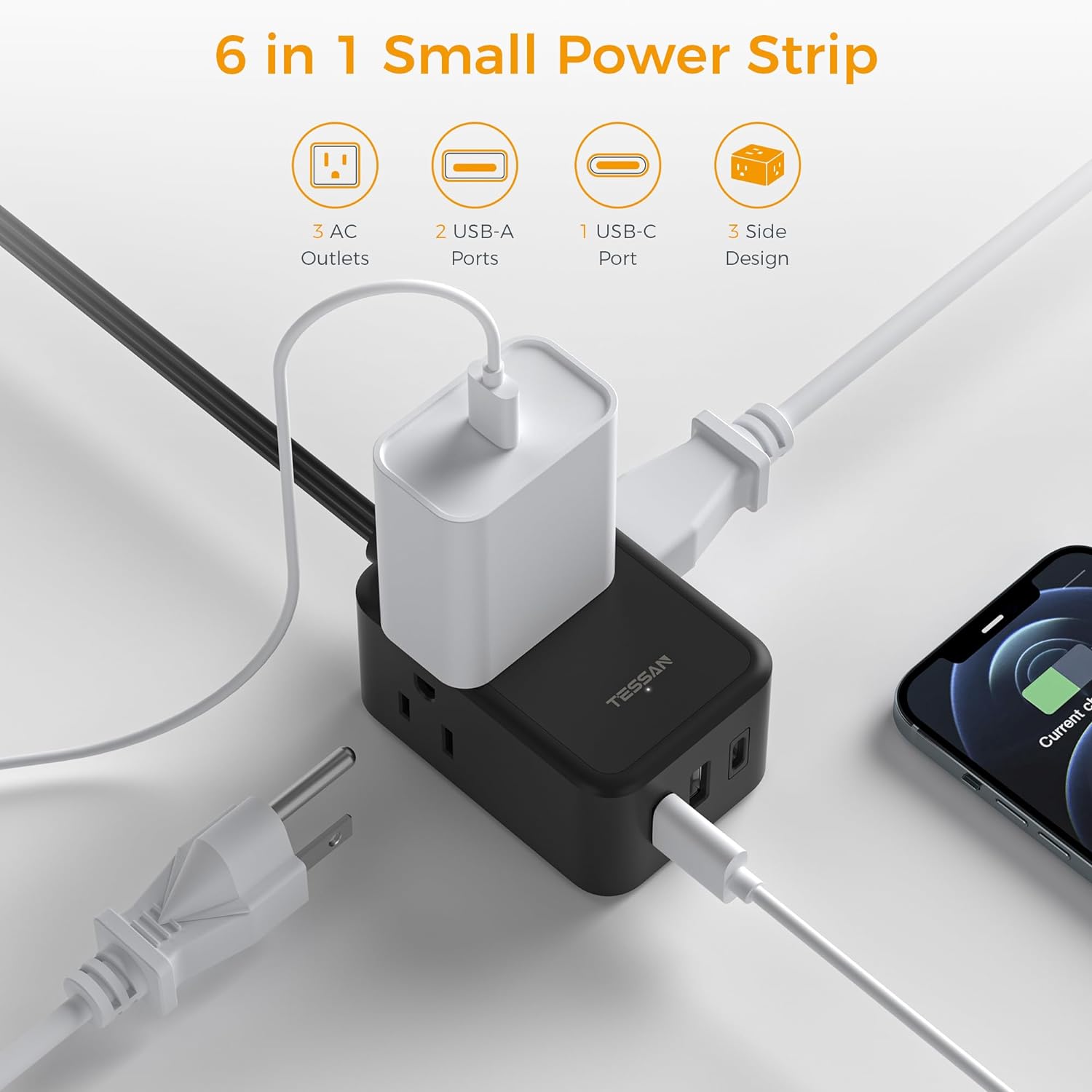 TESSAN Ultra Thin Power Strip with 3 USB Wall Charger (1 USB C), Flat Black Extension Cord