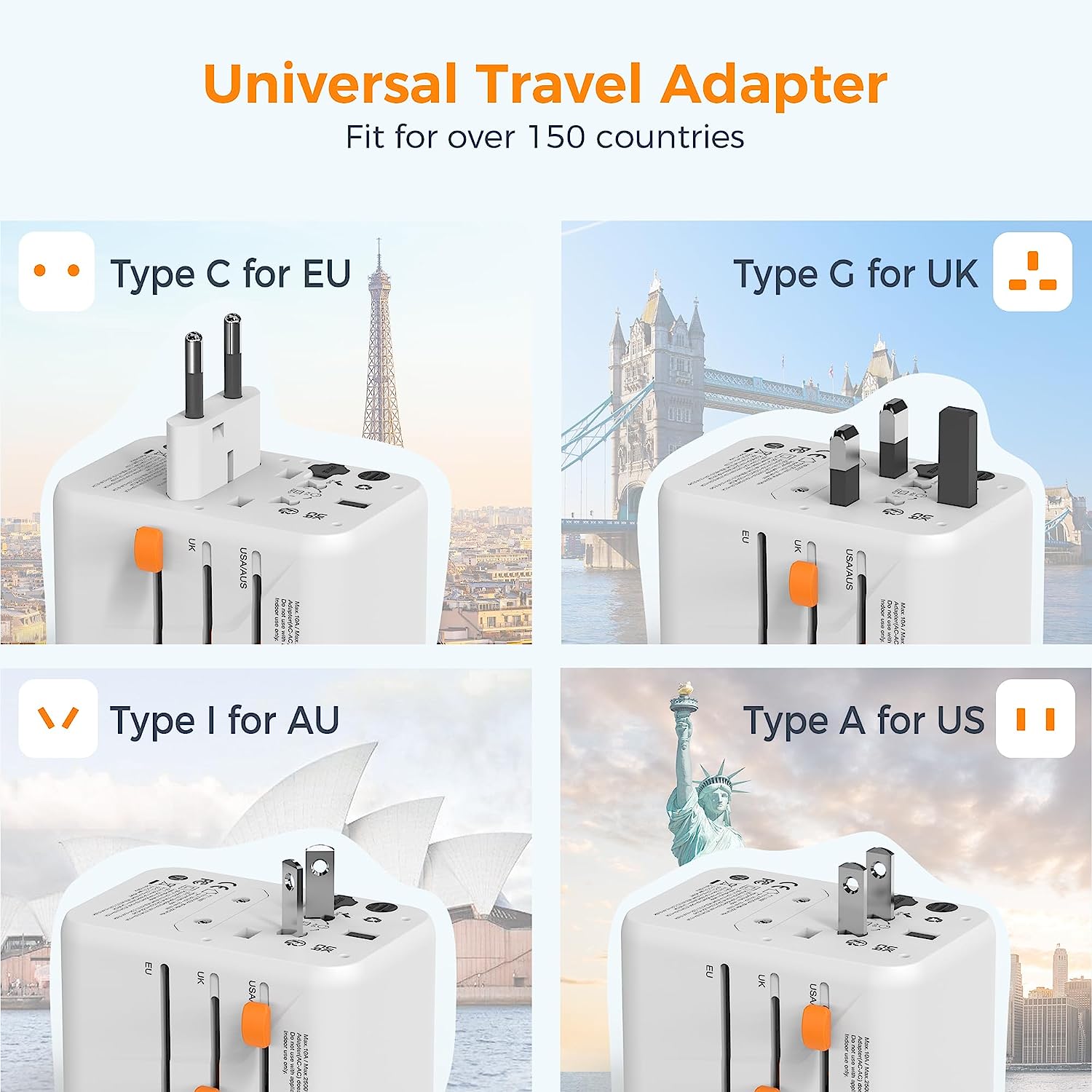 Universal Travel Adapter with 2 USB C and 3 USB Ports (Fast Charging PD 45W)