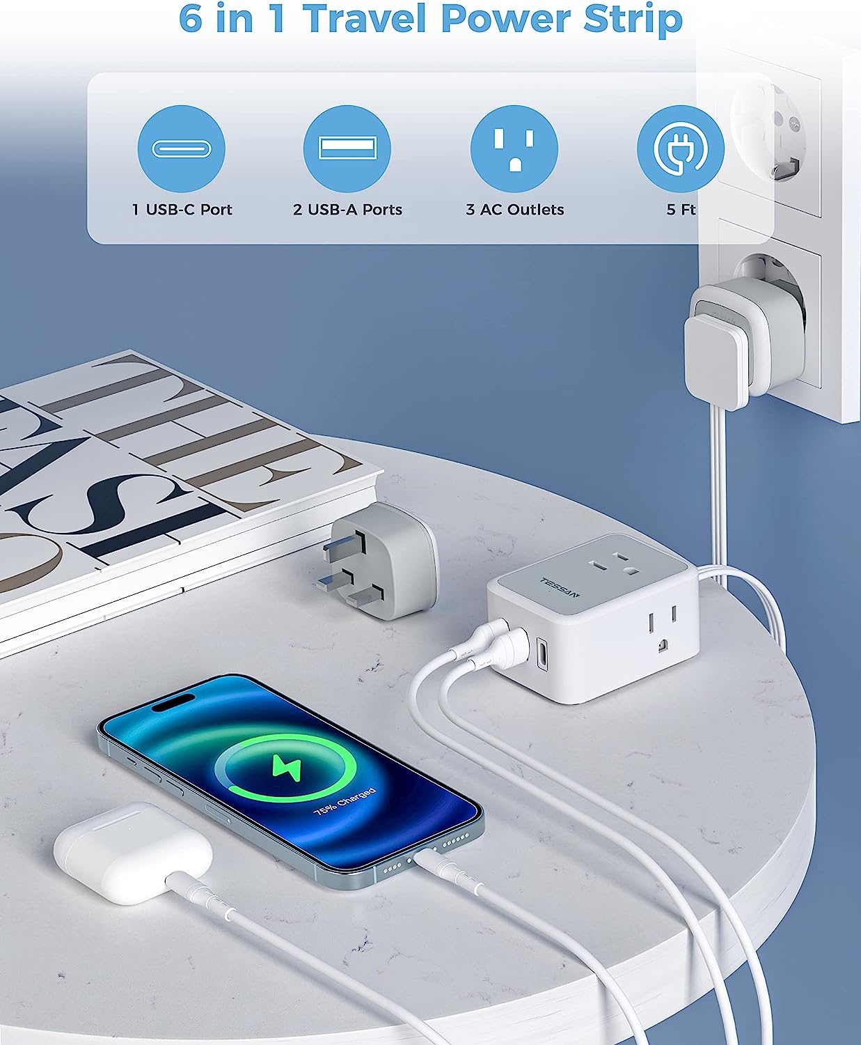 TESSAN European Travel Plug Adapter with Power Strip, EU UK Travel Extension Cord with 3 Outlet 3 USB (1 USB C)