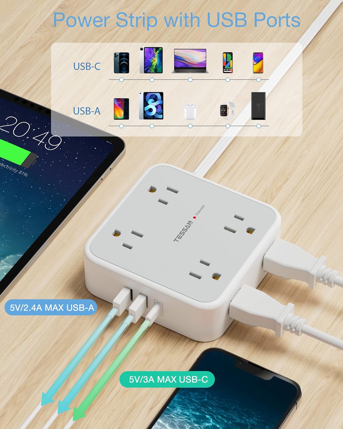 Surge Protector Power Strip, 8 AC Outlets, 3 USB Charger(1 USB C Port)