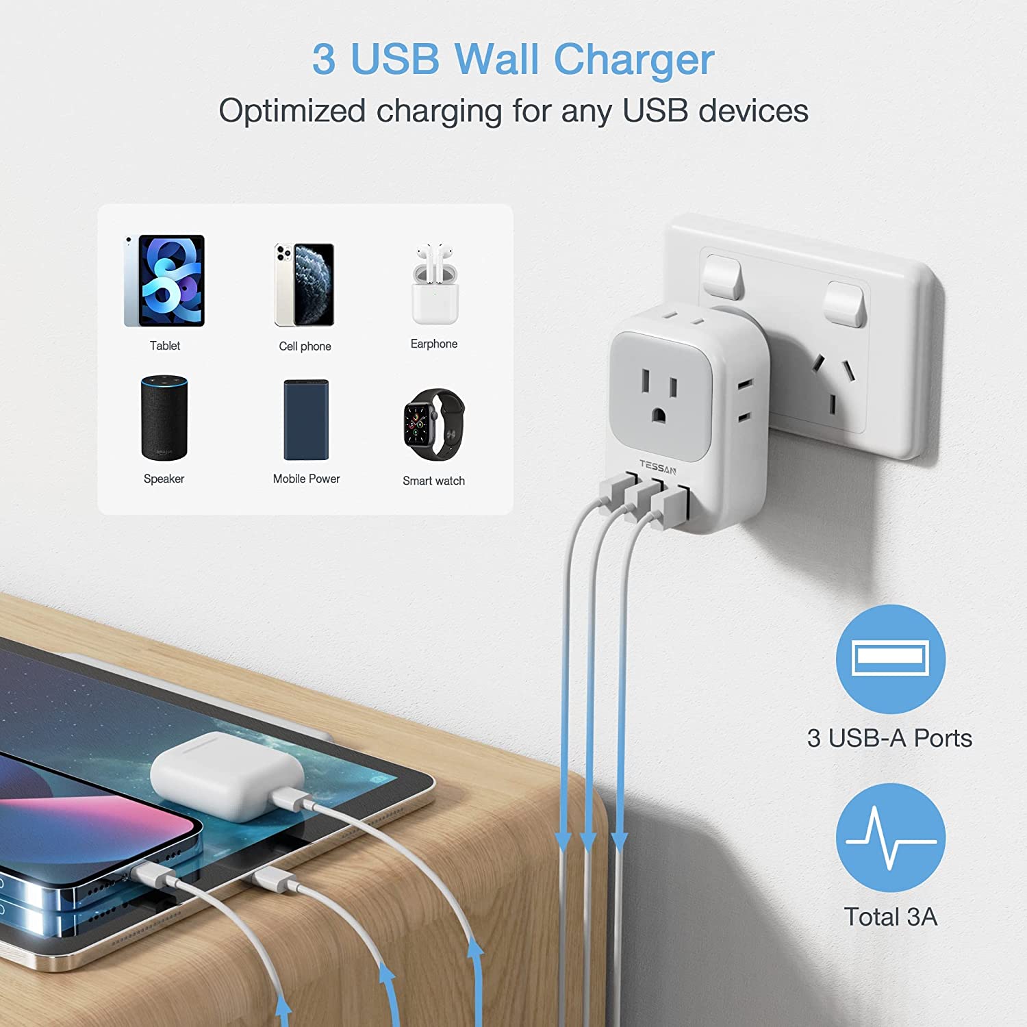 TESSAN USA to Australia Travel Adapter with 4 AC Outlets 3 USB ports