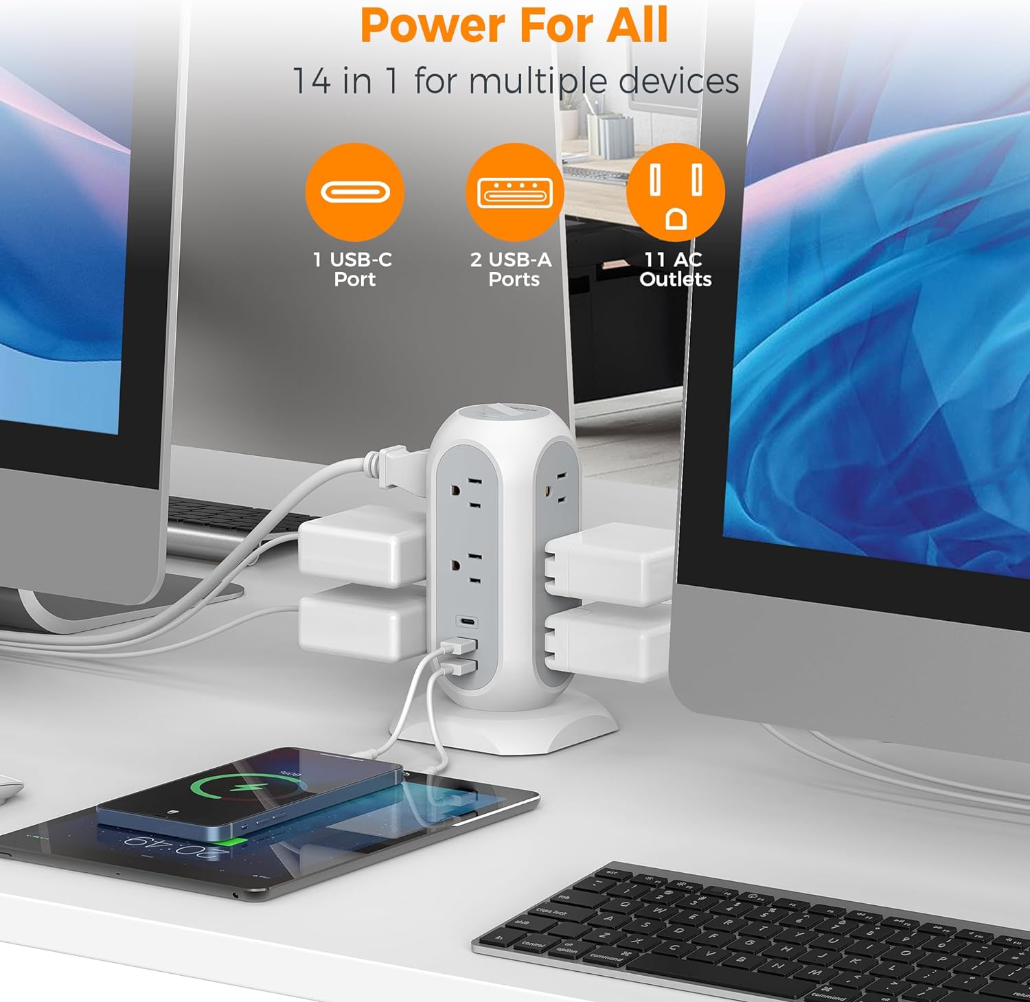 Tower Power Strip Flat Plug with 11 Outlets 3 USB (1 USB C),6 Feet Extension Cord