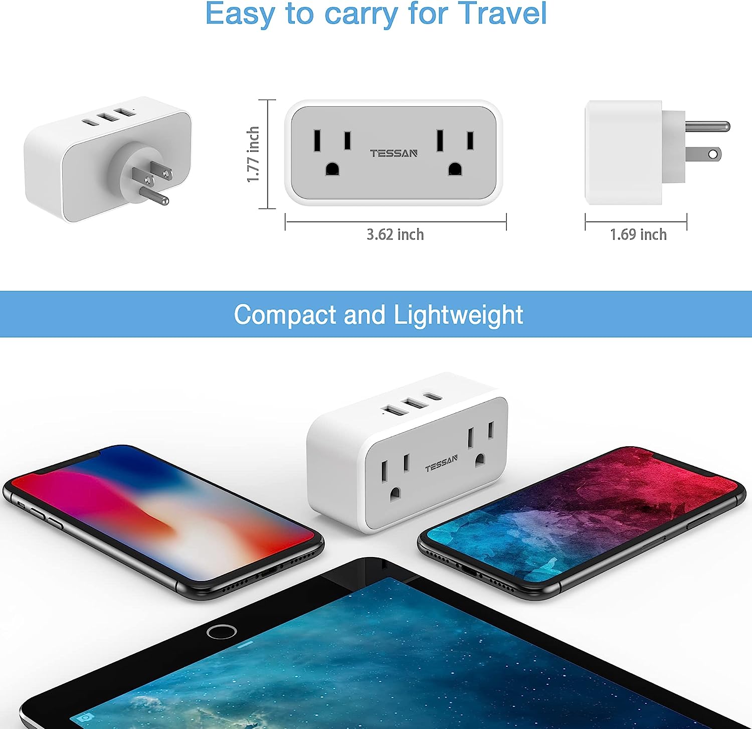 TESSAN Outlet Extender with USB Wall Charger, 3 USB Wall Plug (1 USB C Port)
