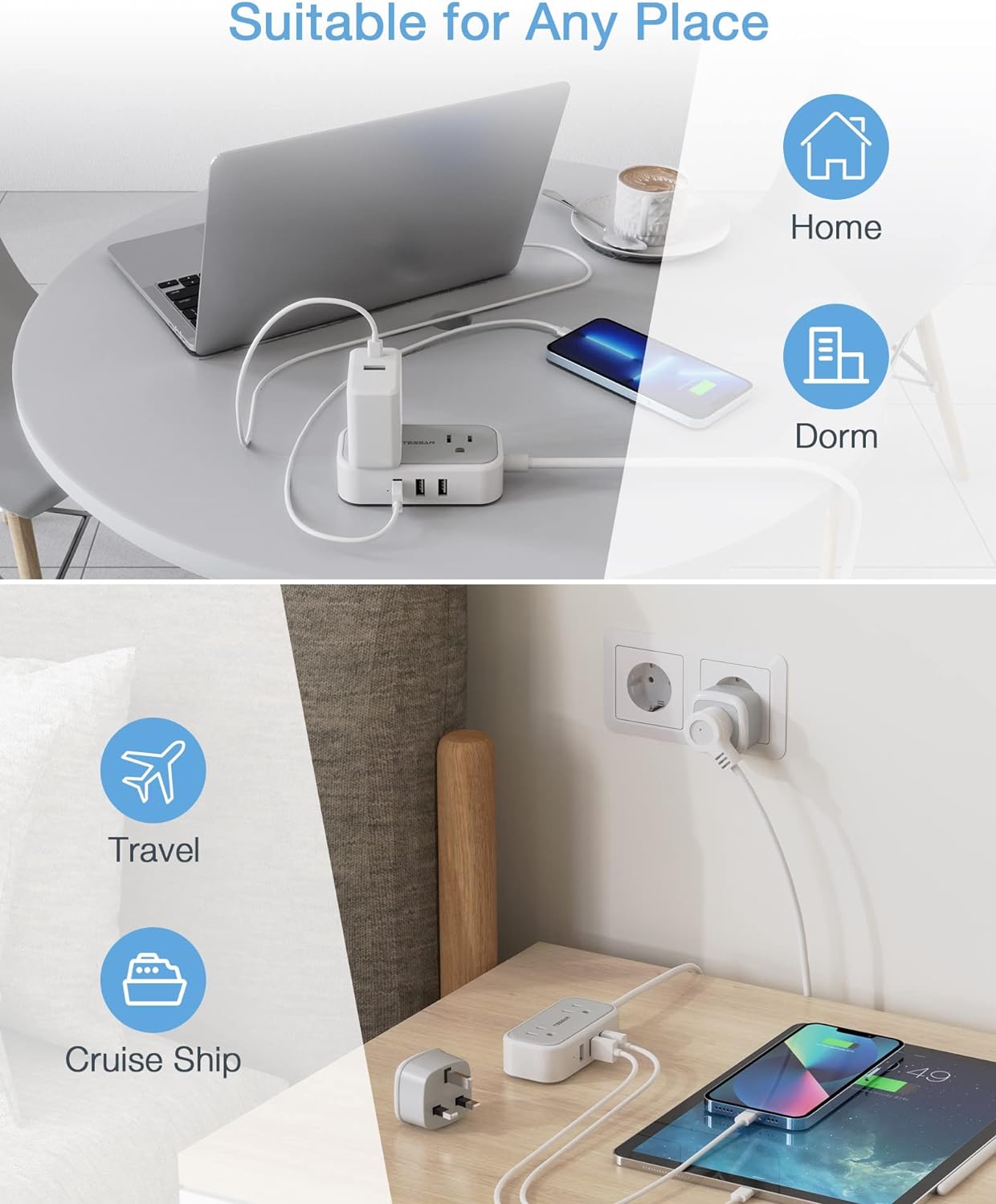 TESSAN European Travel Plug Adapter with Power Strip, EU UK Travel Extension Cord with 2 Outlet 3 USB
