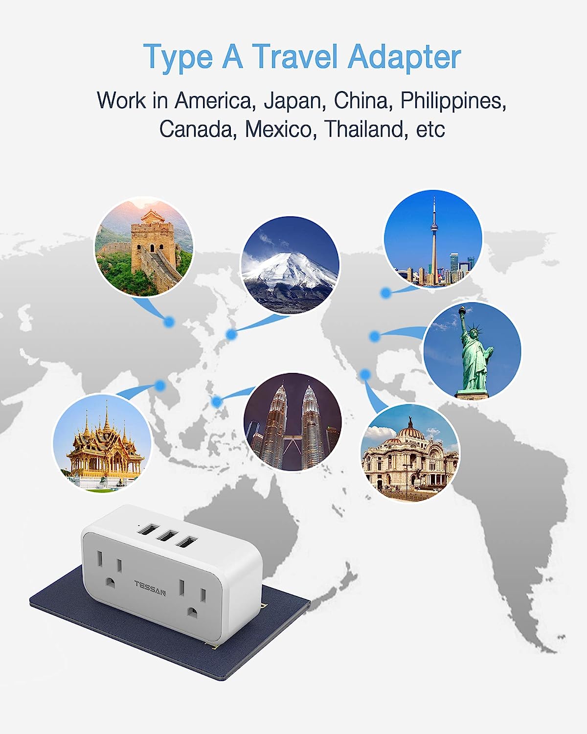 TESSAN US to Japan Plug Adapter with 2 3 Outlets USB Wall Charger