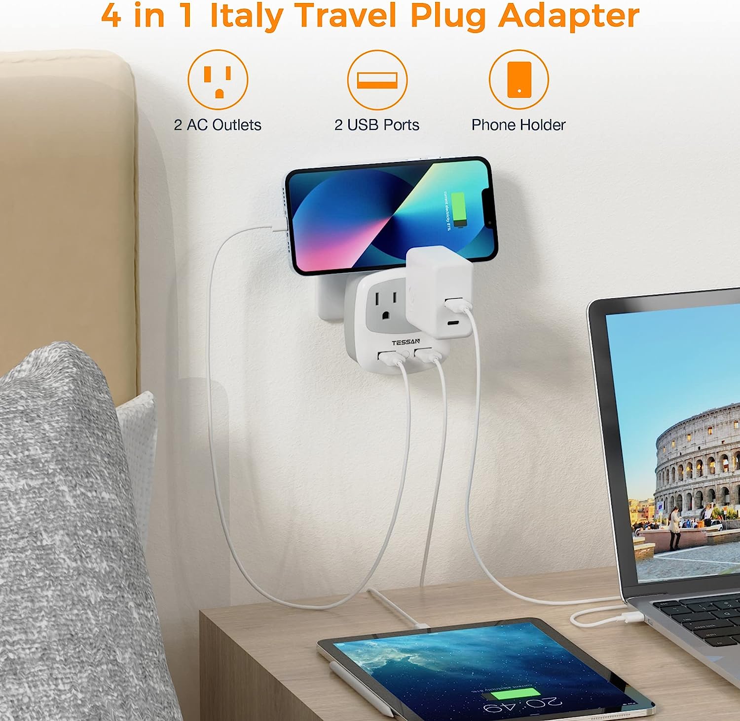 TESSAN Italy Travel Plug Adapter with 2 USB Charger Ports 2 American Outlets