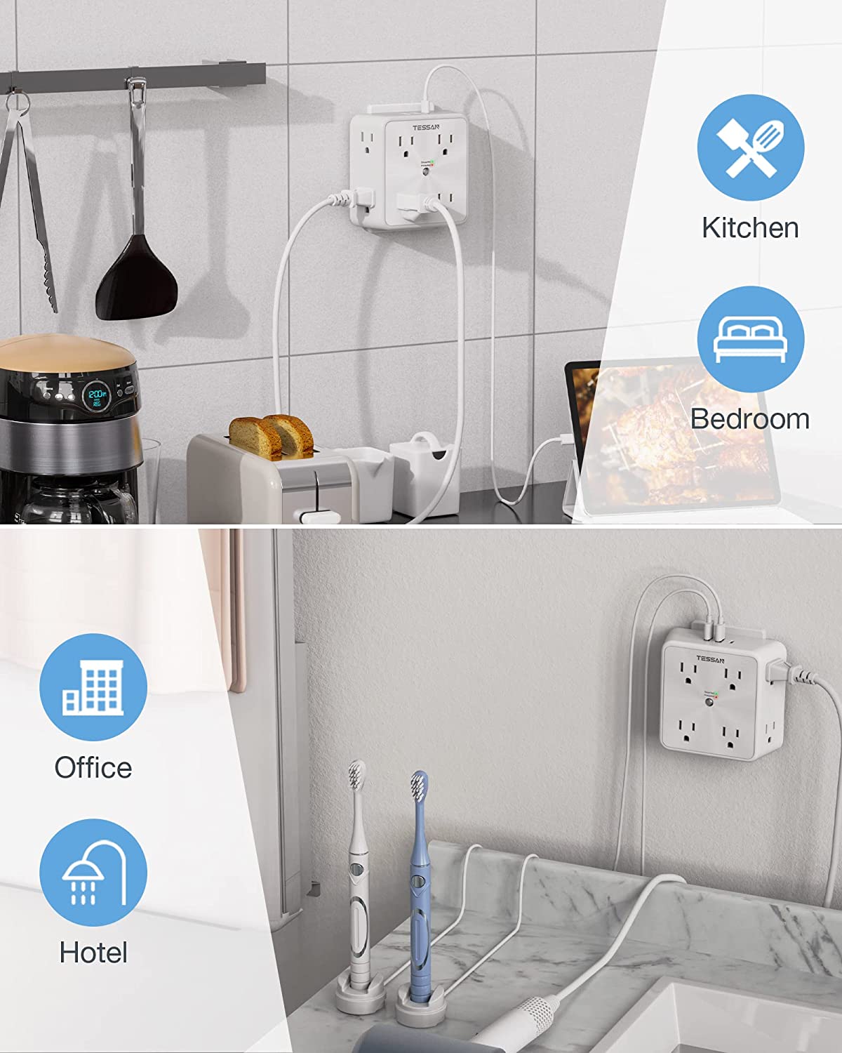 TESSAN Surge Protector Outlet Extender, 8 Multi Outlet Splitter with 3 USB Wall Charger (1 USB C Port)