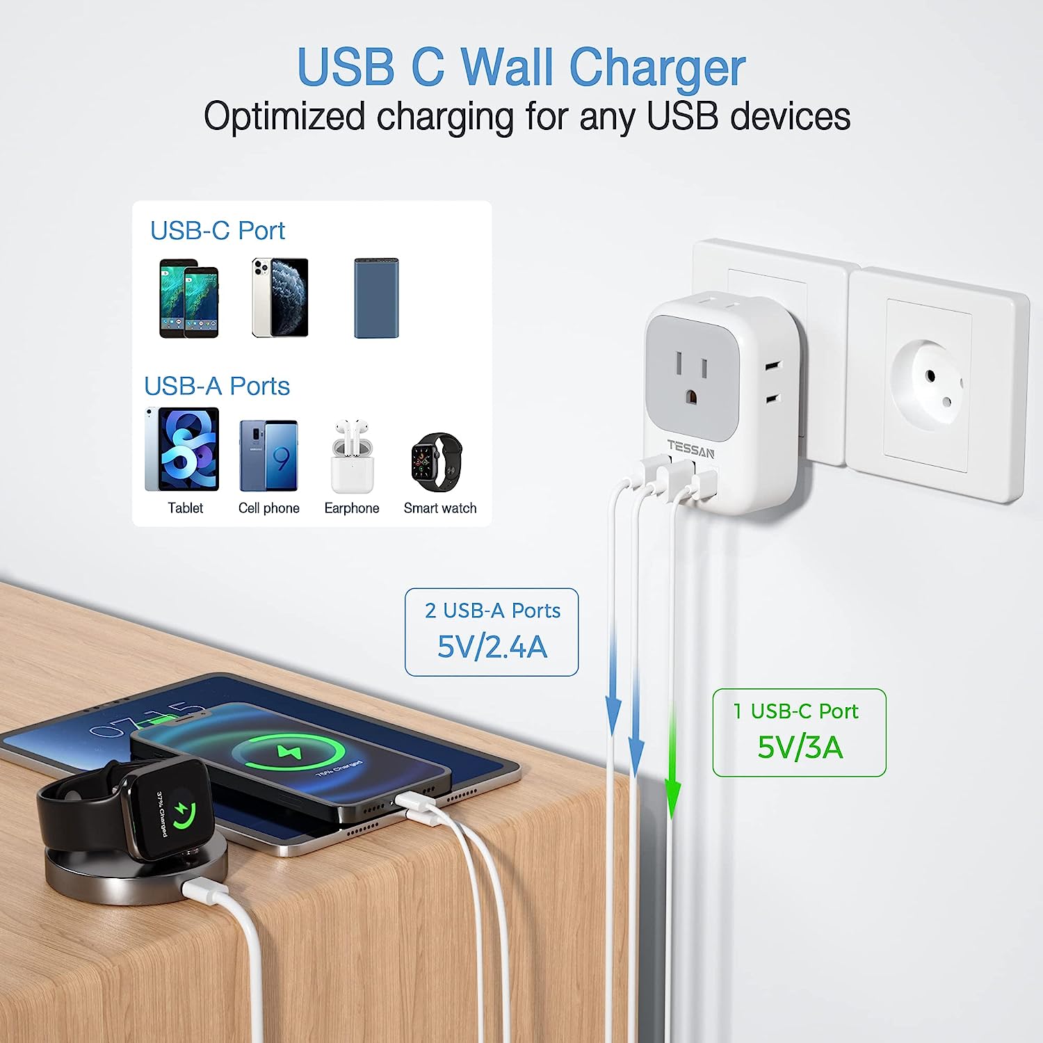 TESSAN US to Israel Plug Adapter with 4 American Outlets 3 USB Charger (1 USB C Port)