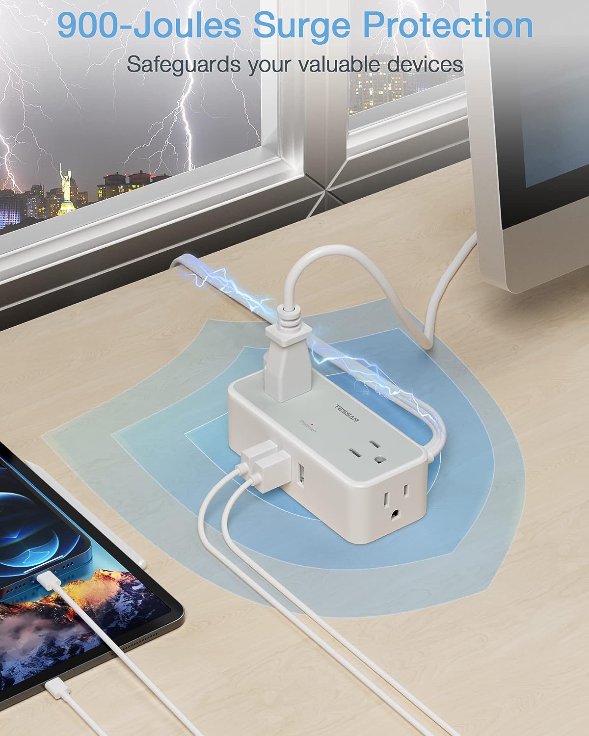 TESSAN Surge Protector Flat Plug Power Strip 4 Wide Spaced AC Outlets 3 USB, Ultra Thin 5FT Flat Extension Cord
