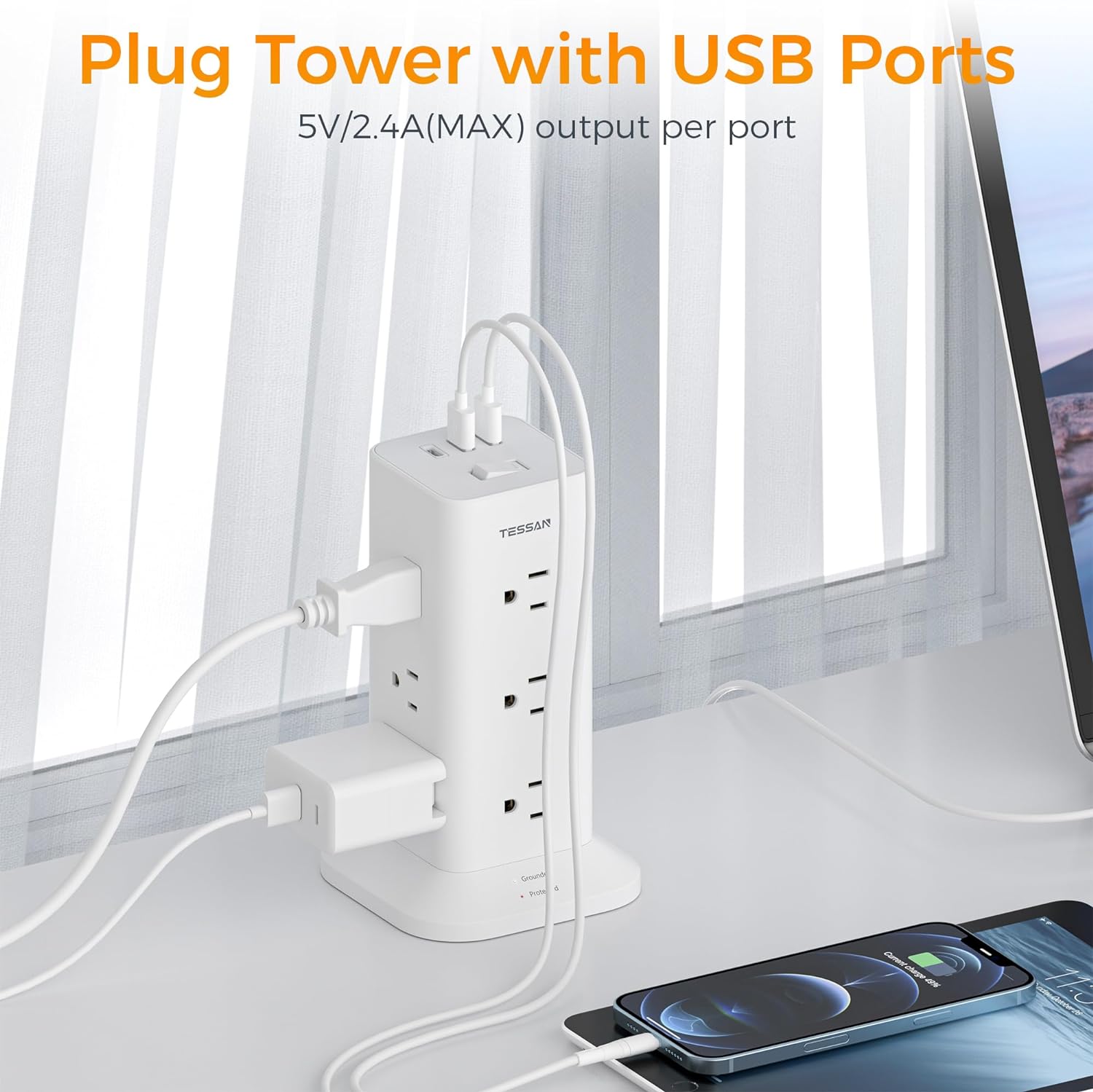 TESSAN 65W Desk Charging Station, 6 Port GaN USB Fast Charger Block Tower with 3 Outlets