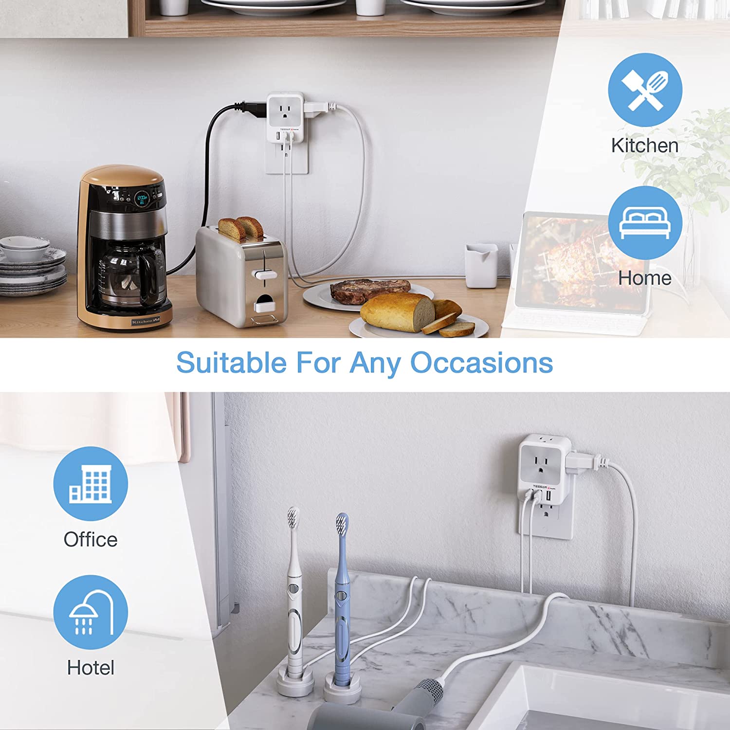 TESSAN 4 Electrical Outlet Extender Surge Protector with 3 USB Wall Charger