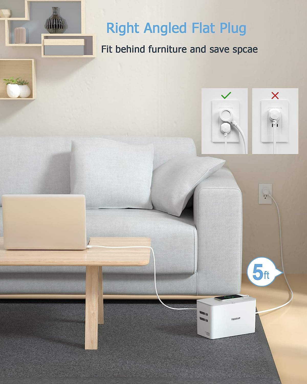 TESSAN 5 ft Flat Plug Extension Cord, 4 Outlets 2 USB Ports with Overload Switch, Power Strip with Cable Management Box