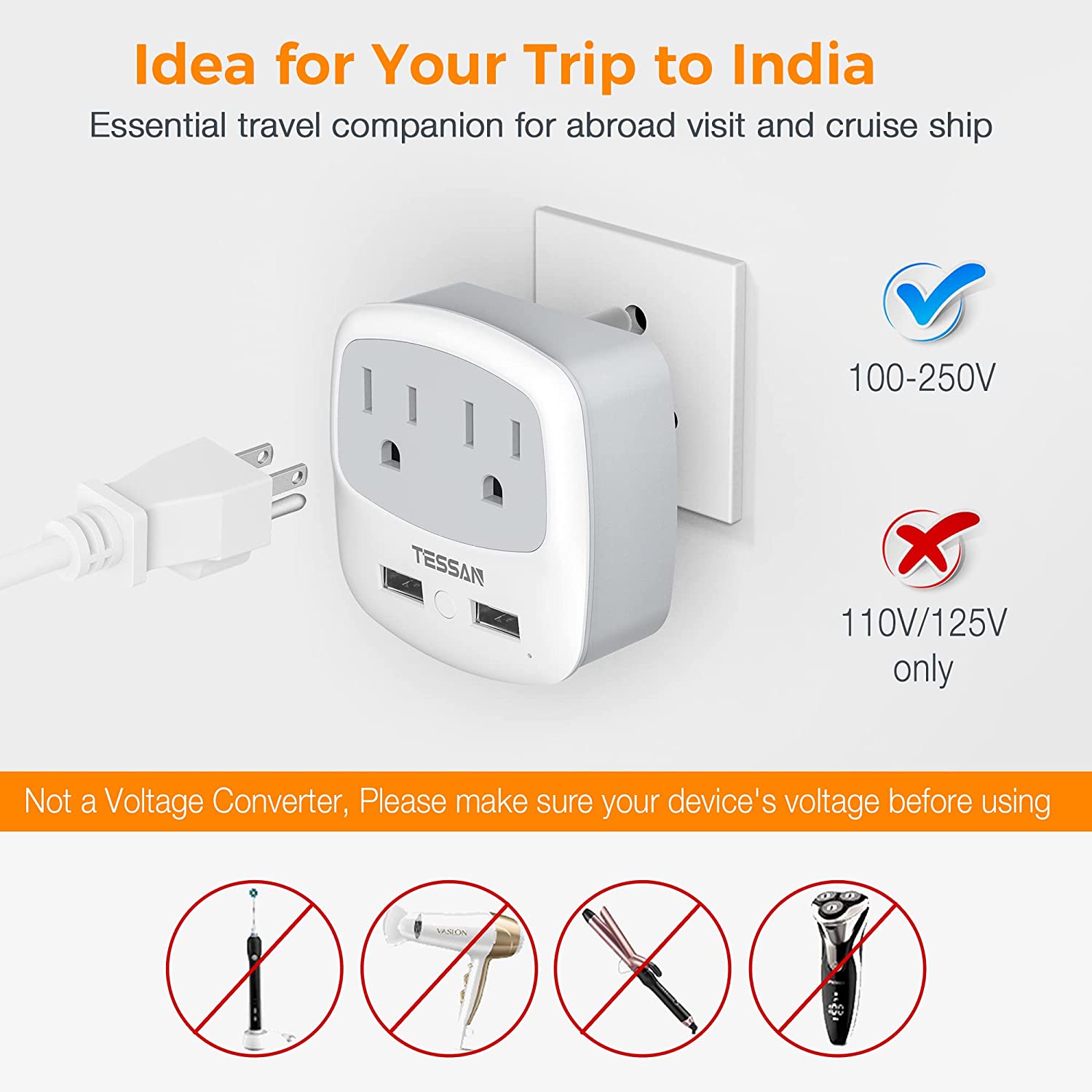 TESSAN US to India Plug Adapter with 2 USB Charger Ports 2 American Outlets