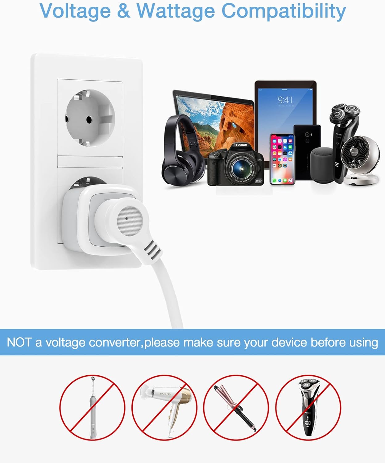 TESSAN European Travel Plug Adapter with Power Strip, EU UK Travel Extension Cord with 2 Outlet 3 USB