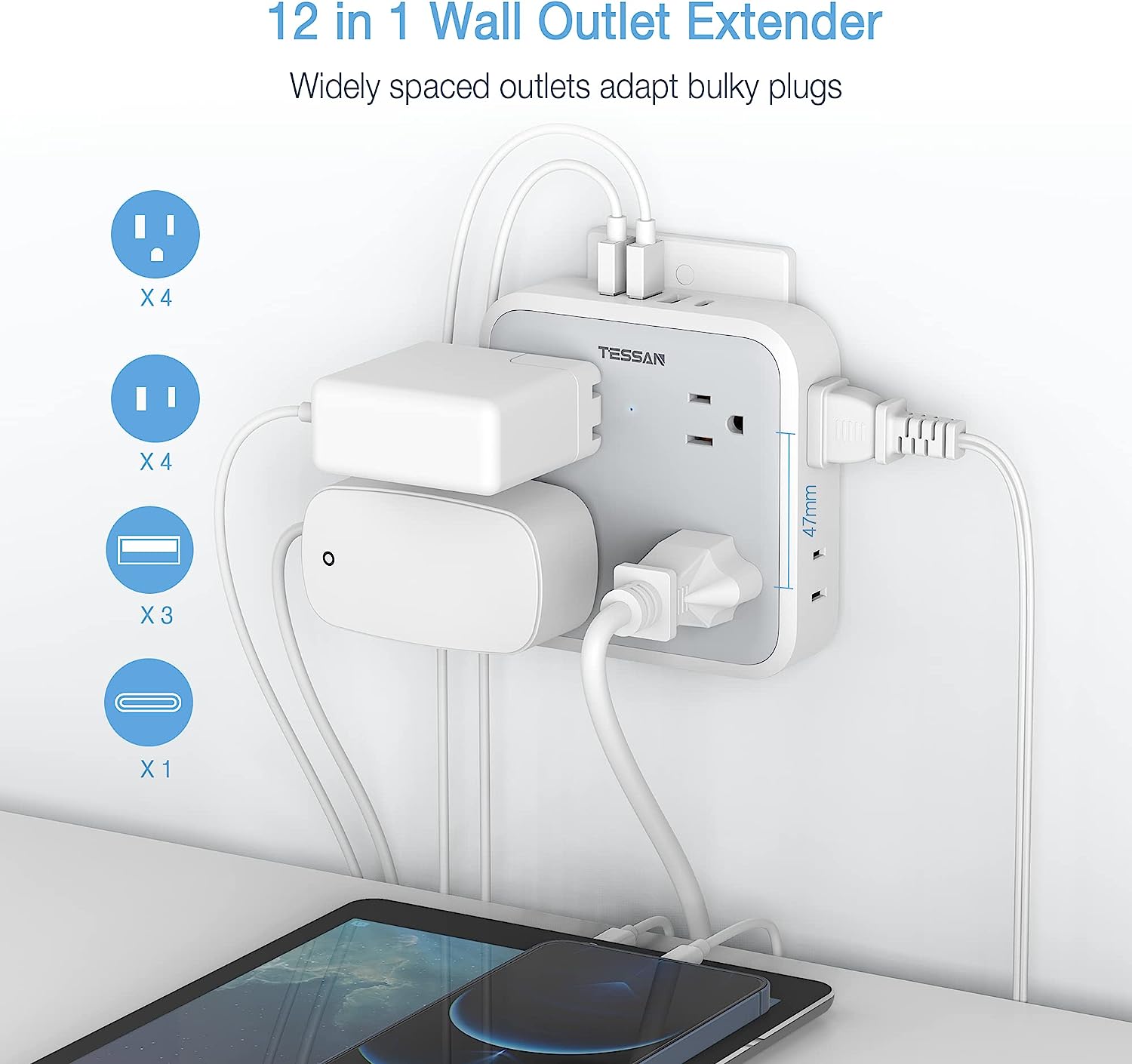 TESSAN USB Wall Charger, 4 Electrical USB Hub(1 USB C Port) Charging Station