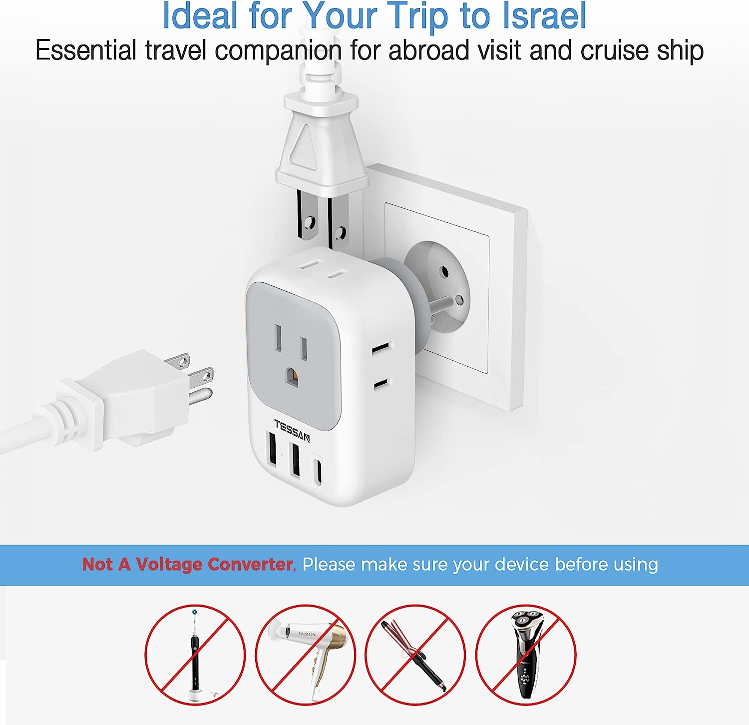 TESSAN US to Israel Plug Adapter with 4 American Outlets 3 USB Charger (1 USB C Port)