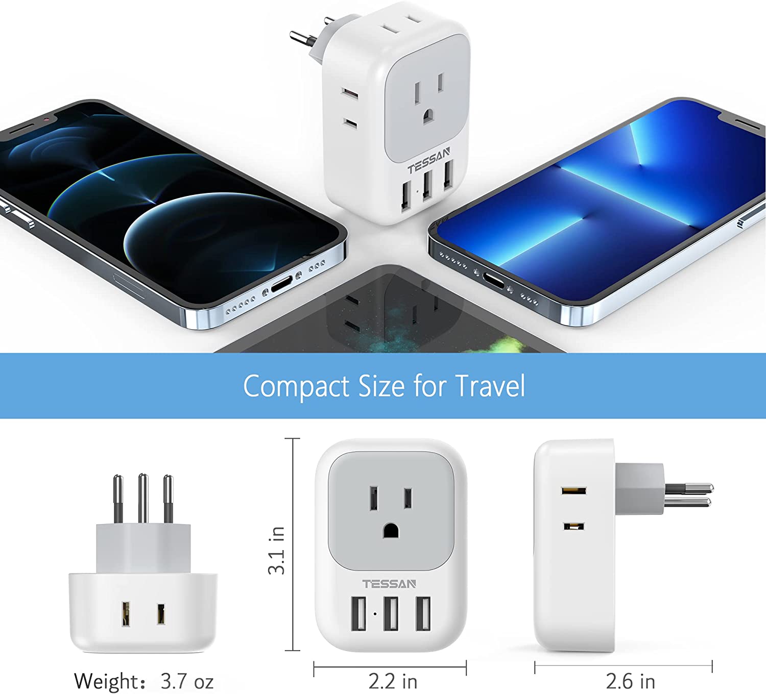 TESSAN Swiss Travel Adaptor with 4 Outlets 3 USB Charging Ports