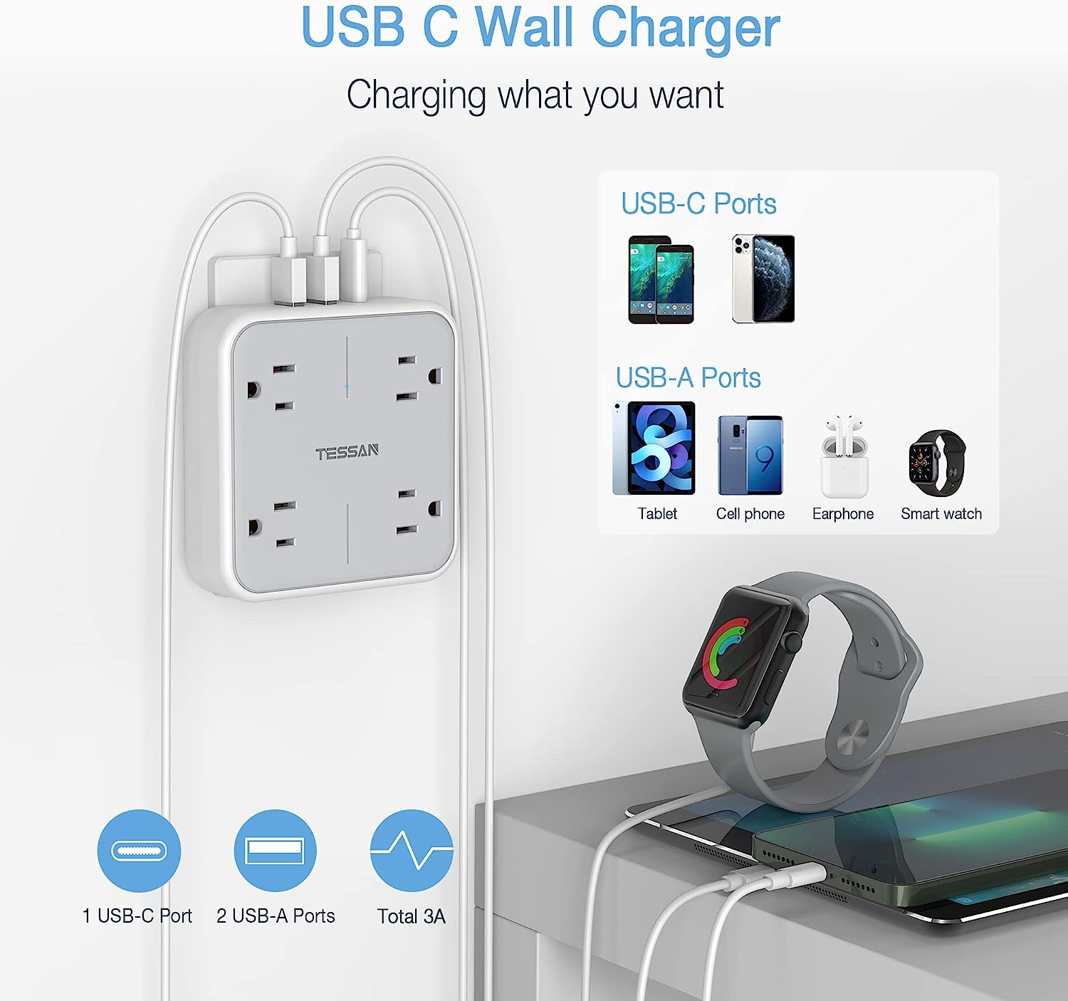 Multi Plug USB Wall Charger, 4 Outlet Splitter with 3 USB Wall Plug (1 USB C Port)