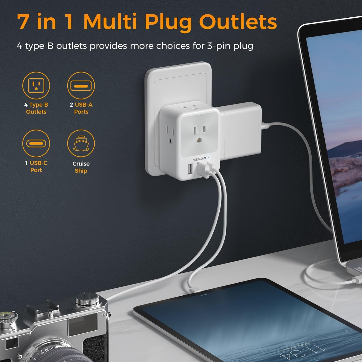 TESSAN Type N Adapter for Brazil with 4 Outlets 3 USB Charging Ports (1 USB C), Brazil Power Adapter Travel Plug