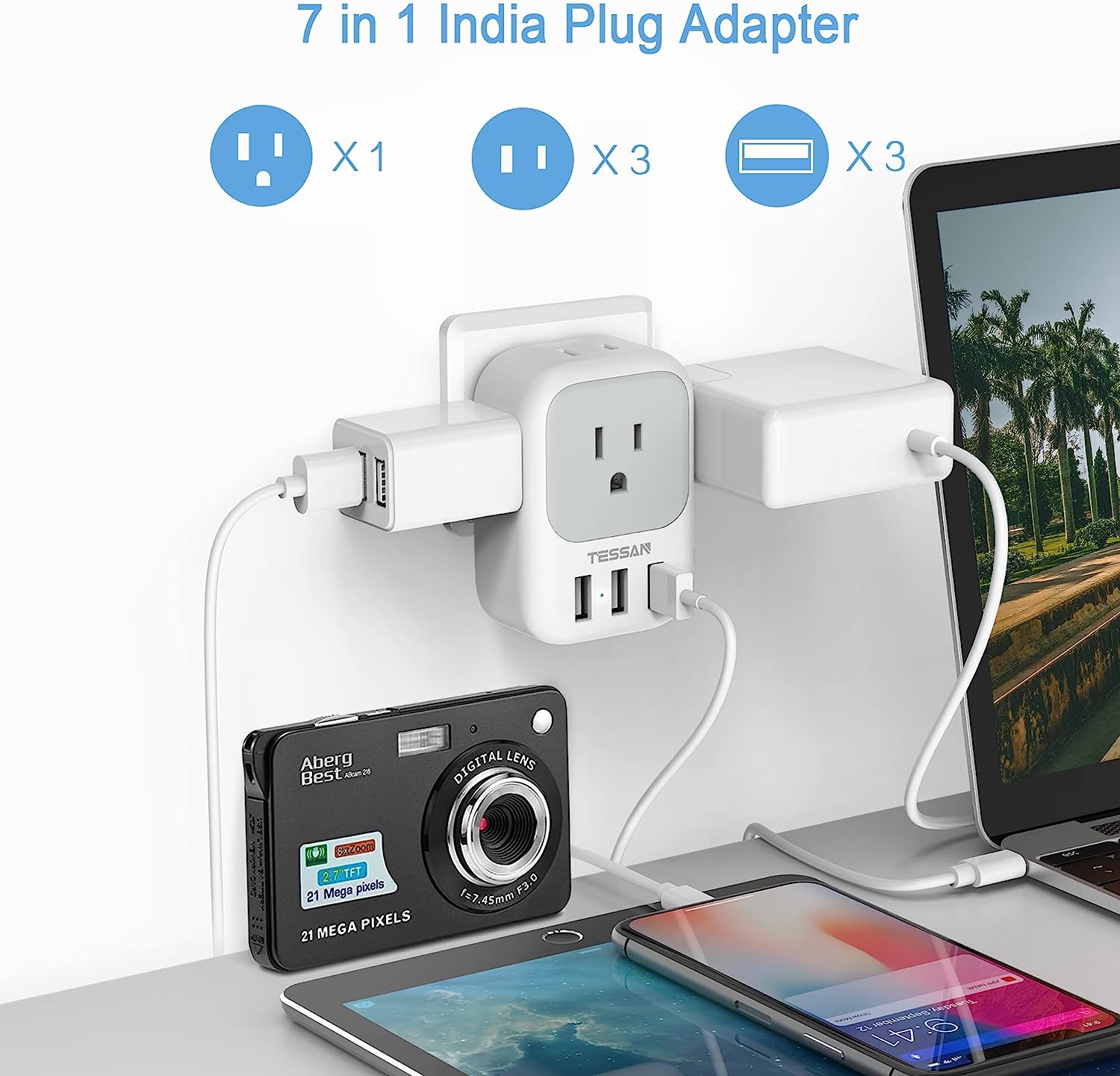 TESSAN US to India Plug Adapter with 4 AC Outlets 3 USB Charging Ports