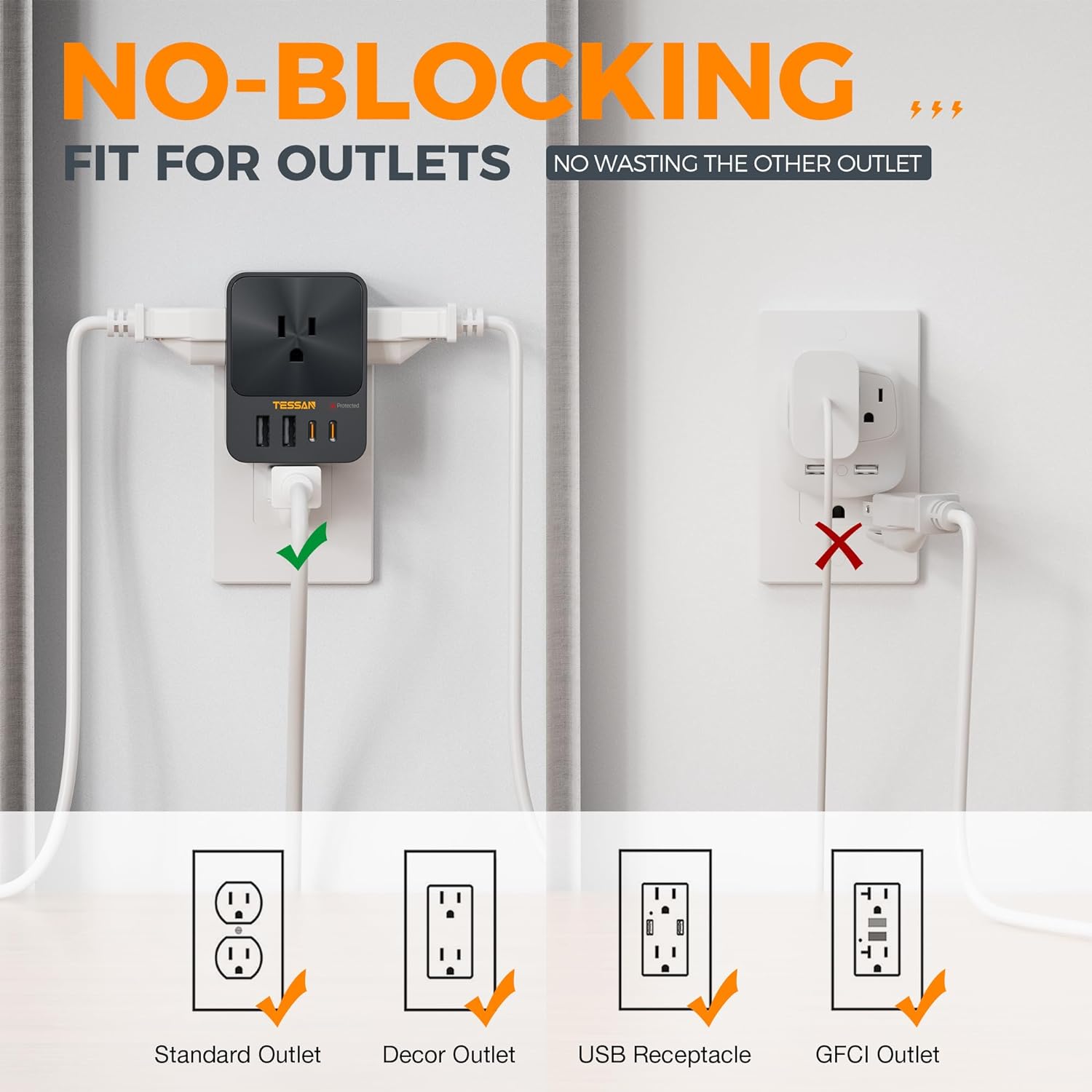 TESSAN 30W USB C Wall Charger, Fast Charging Multi Plug Adapter with 3 Outlet Extender Surge Protector