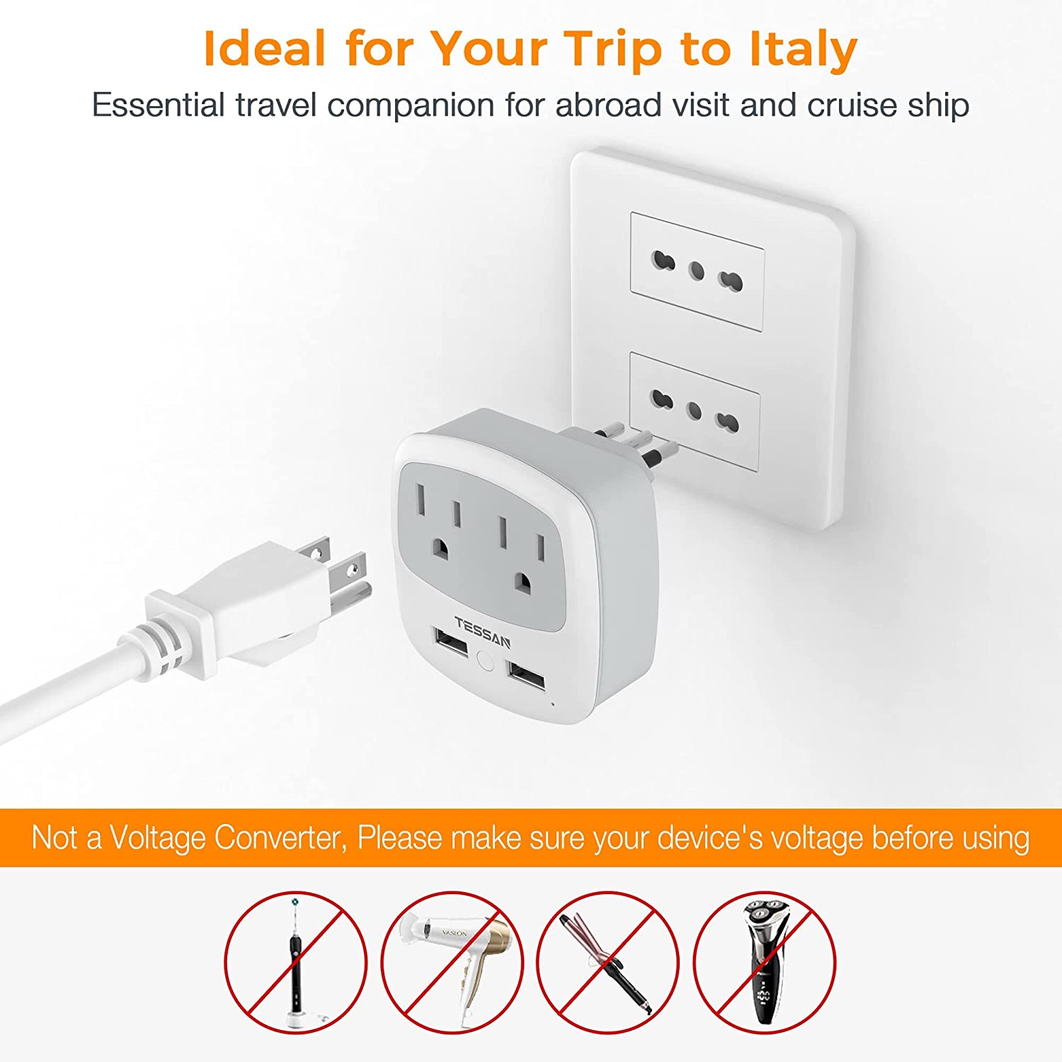TESSAN Italy Travel Plug Adapter with 2 USB Charger Ports 2 American Outlets