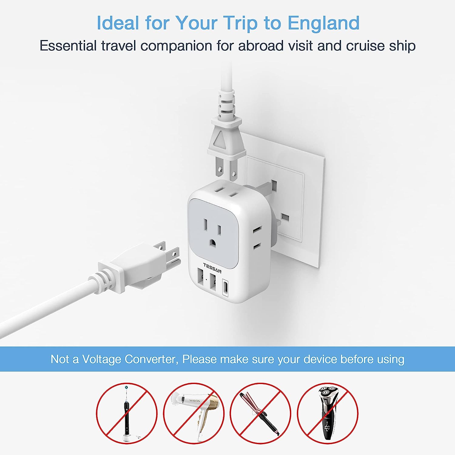 TESSAN Type G Travel Converter with 4 Outlets 3 USB Charger(1 USB C Port), 2 Pack