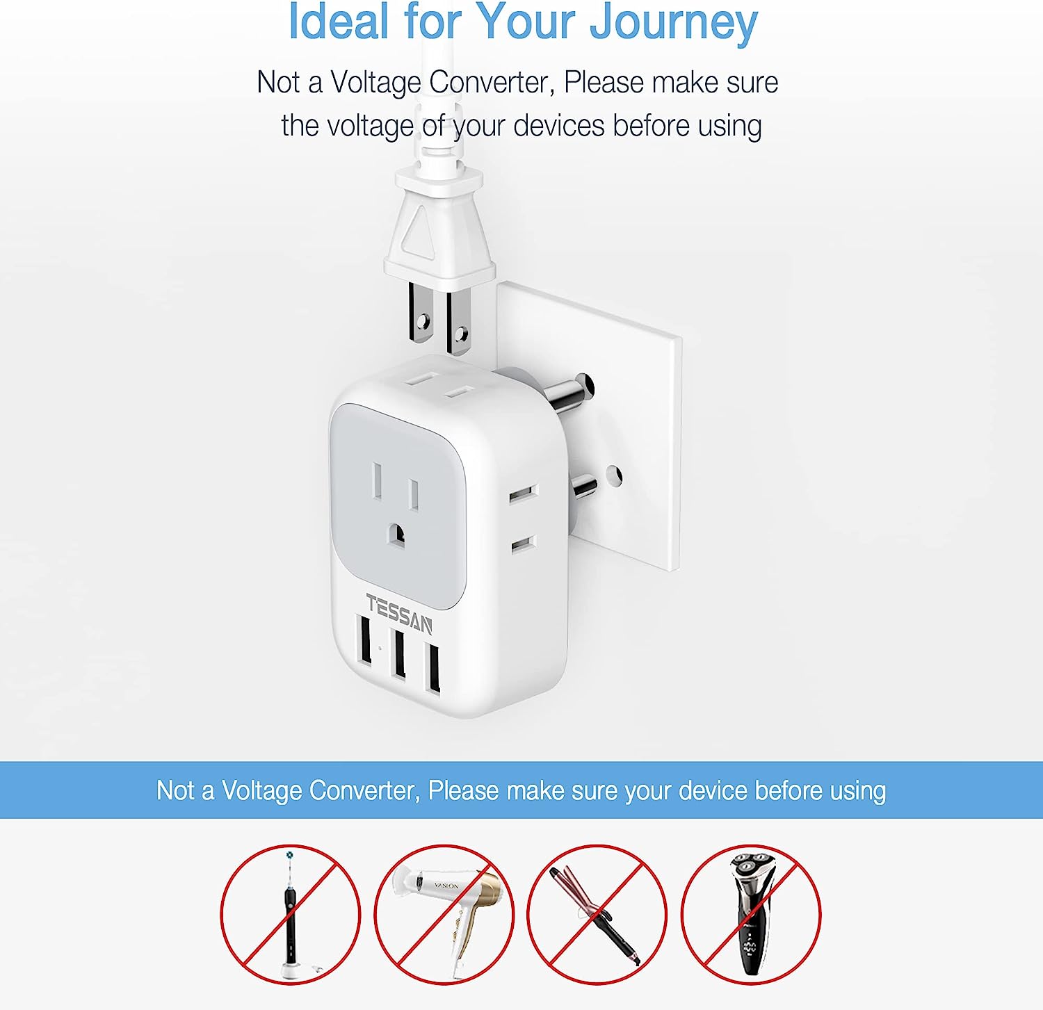 TESSAN US to India Plug Adapter with 4 AC Outlets 3 USB Charging Ports
