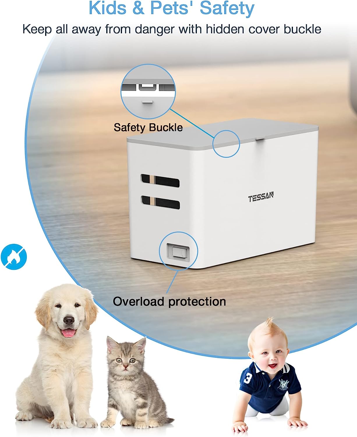TESSAN 5 ft Flat Plug Extension Cord, 4 Outlets 2 USB Ports with Overload Switch, Power Strip with Cable Management Box