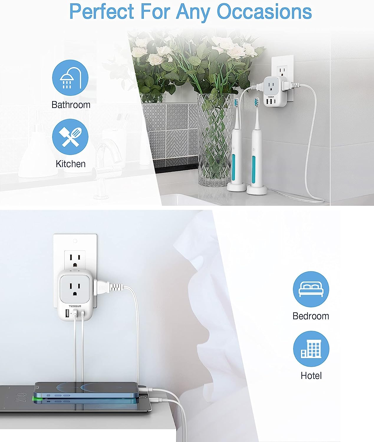 TESSAN 3 USB Wall Charger Multiports (1 USB C Port), 20W PD USB Plug Adapter