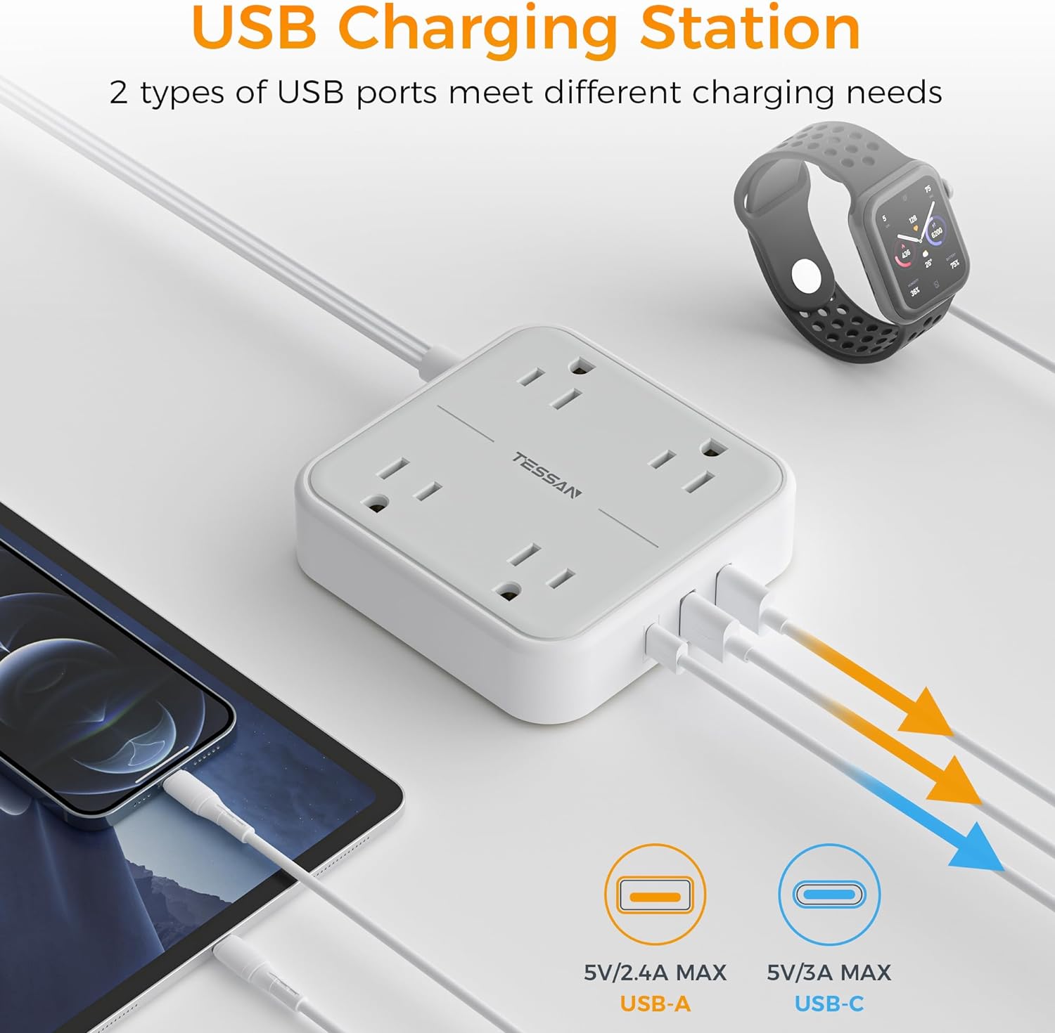 TESSAN Flat Plug Surge Protector Power Strip,5 ft Ultra Thin Extension Cord with 1 USB C