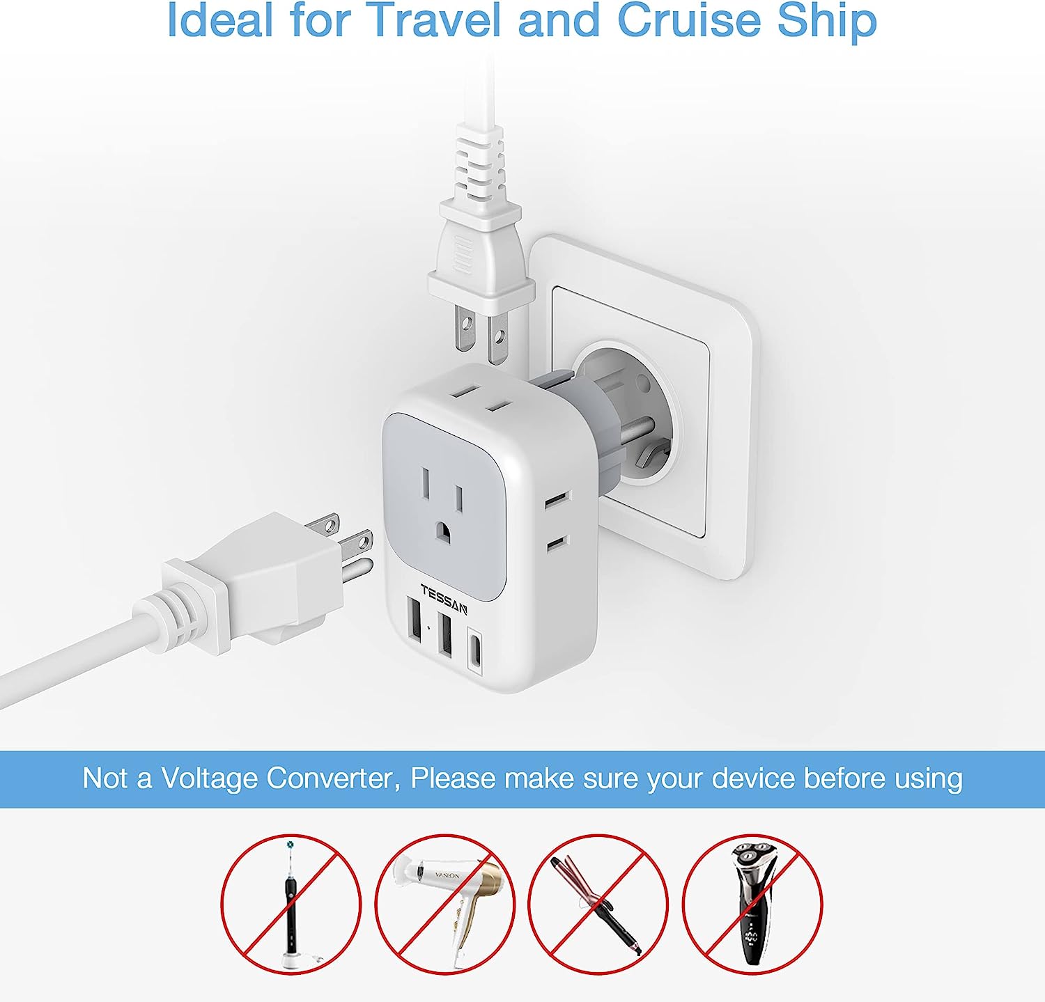 TESSAN Germany France Power Adapter with 4 AC Outlets and 3 USB Ports(1 USB C)