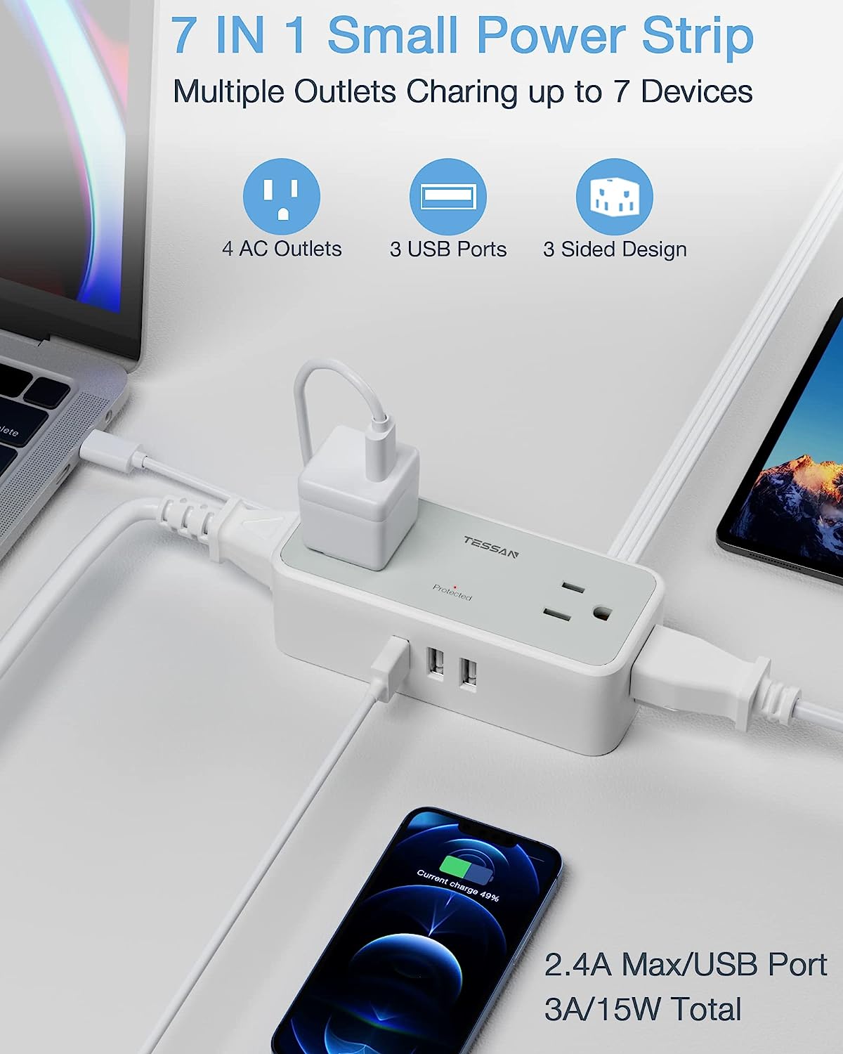 TESSAN Surge Protector Flat Plug Power Strip 4 Wide Spaced AC Outlets 3 USB, Ultra Thin 5FT Flat Extension Cord