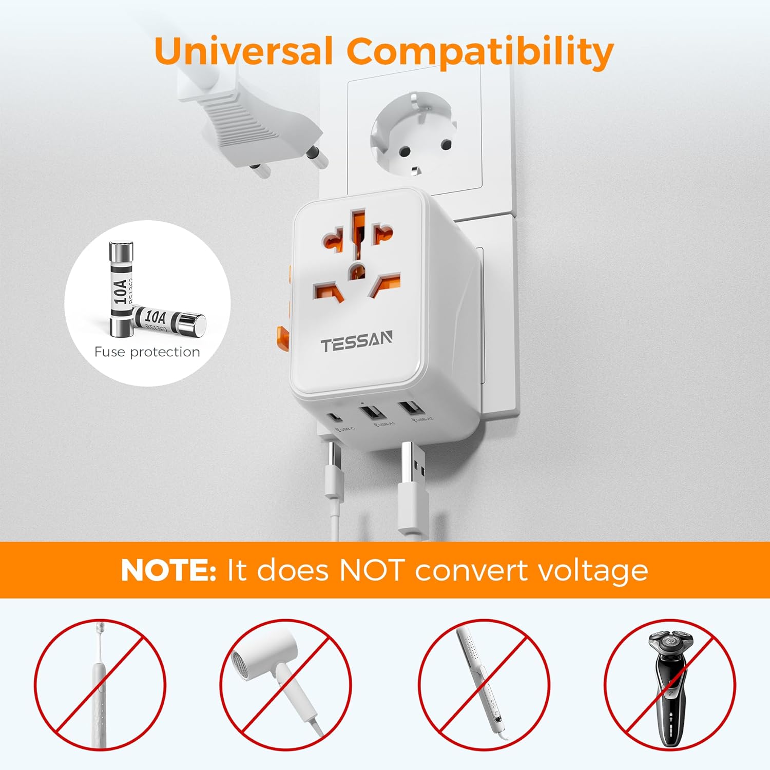 TESSAN International Plug Adaptor with 1 USB C Wall Charger 2 USB A Ports, All-in-one Worldwide Power Outlet