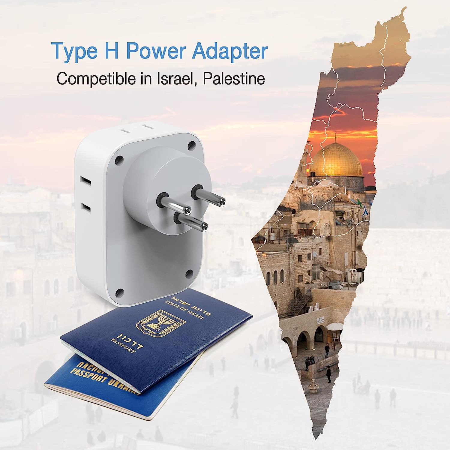 TESSAN US to Israel Plug Adapter with 4 American Outlets 3 USB Charger (1 USB C Port)