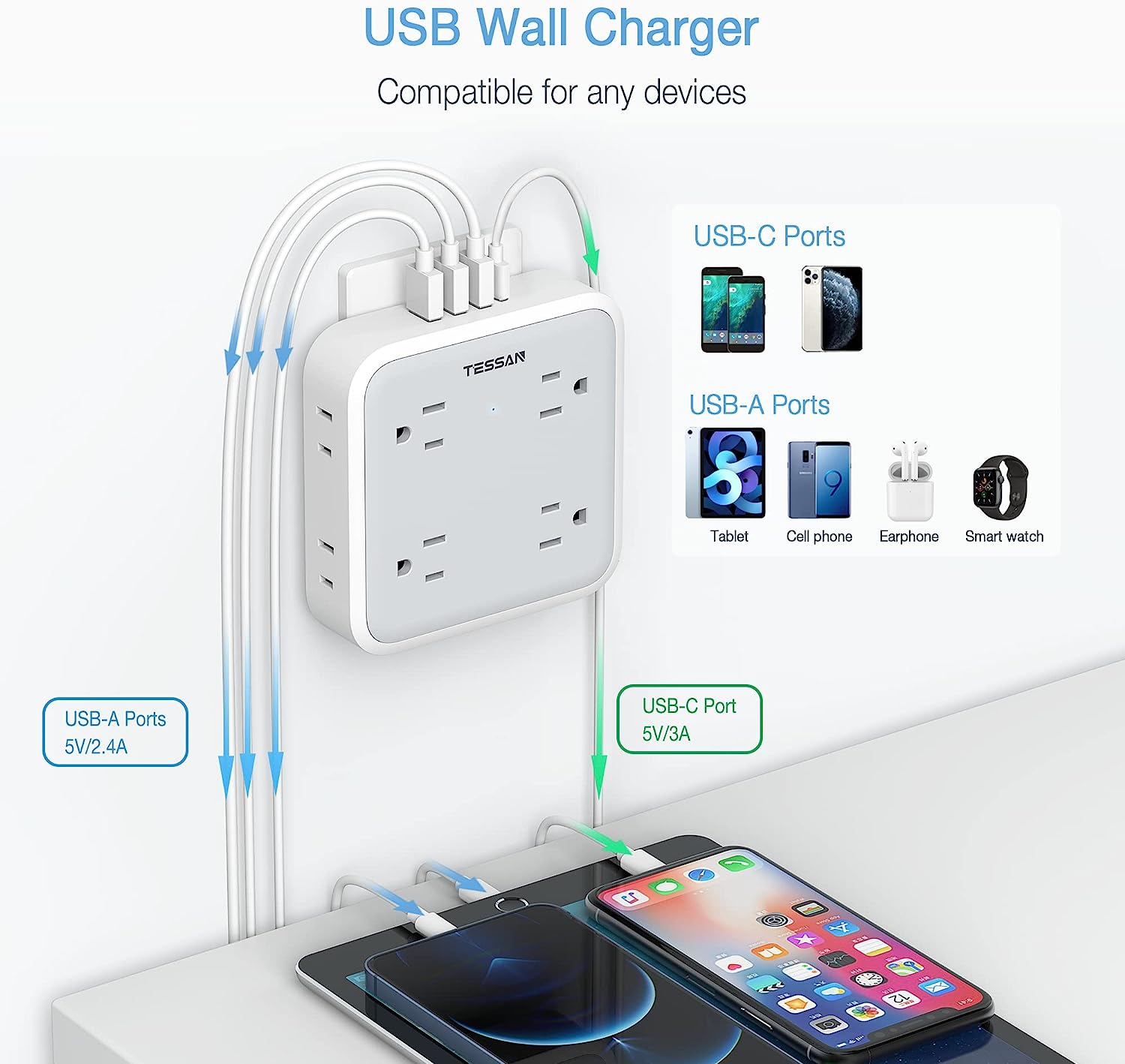 TESSAN USB Wall Charger, 4 Electrical USB Hub(1 USB C Port) Charging Station