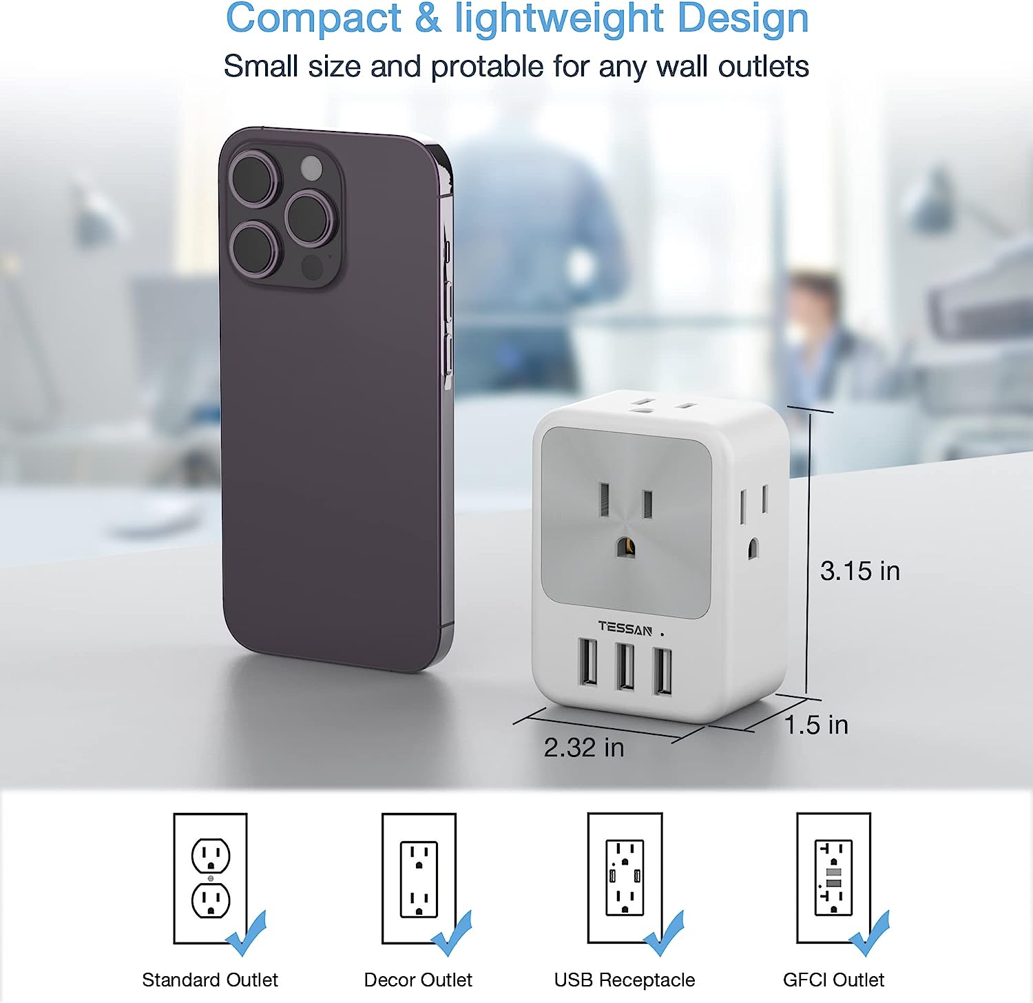 TESSAN 4 Electrical Outlet Extender Surge Protector with 3 USB Wall Charger