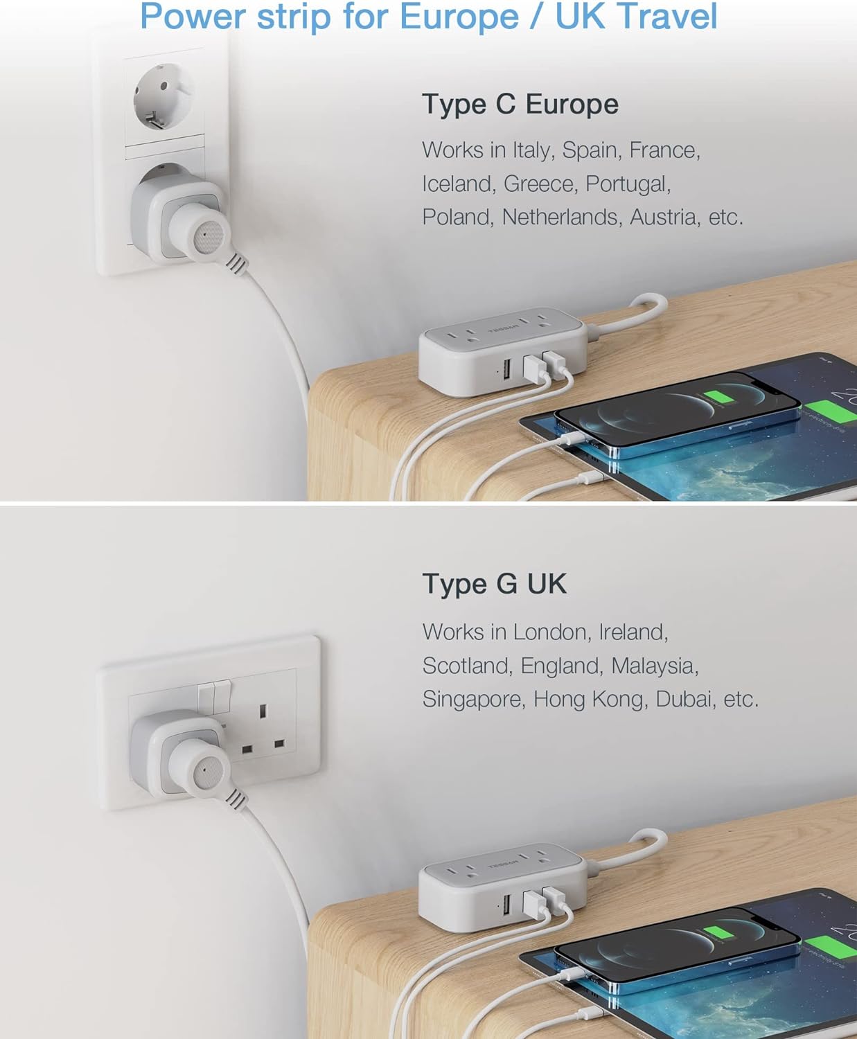 TESSAN European Travel Plug Adapter with Power Strip, EU UK Travel Extension Cord with 2 Outlet 3 USB