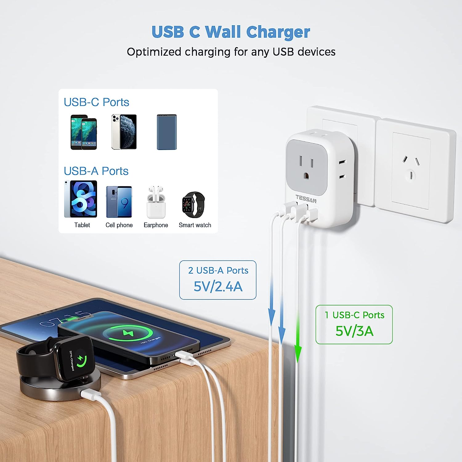TESSAN Australia Travel Adaptor with 4 American Outlets 3 USB Charger