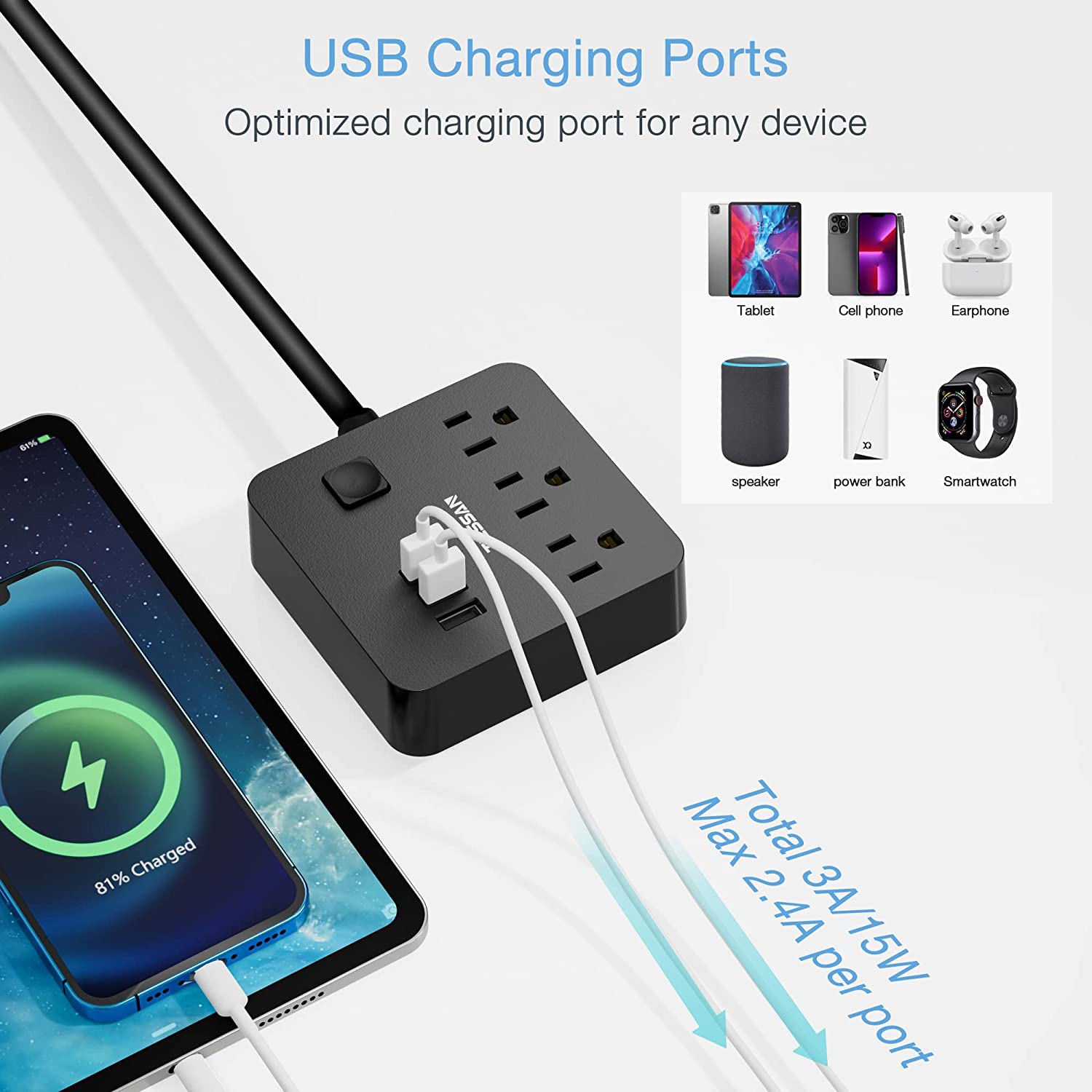 TESSAN 5/10 ft Long Flat Plug Power Strip with 3 AC Outlet Compact Desktop Charging Station 125V 10 A for Home