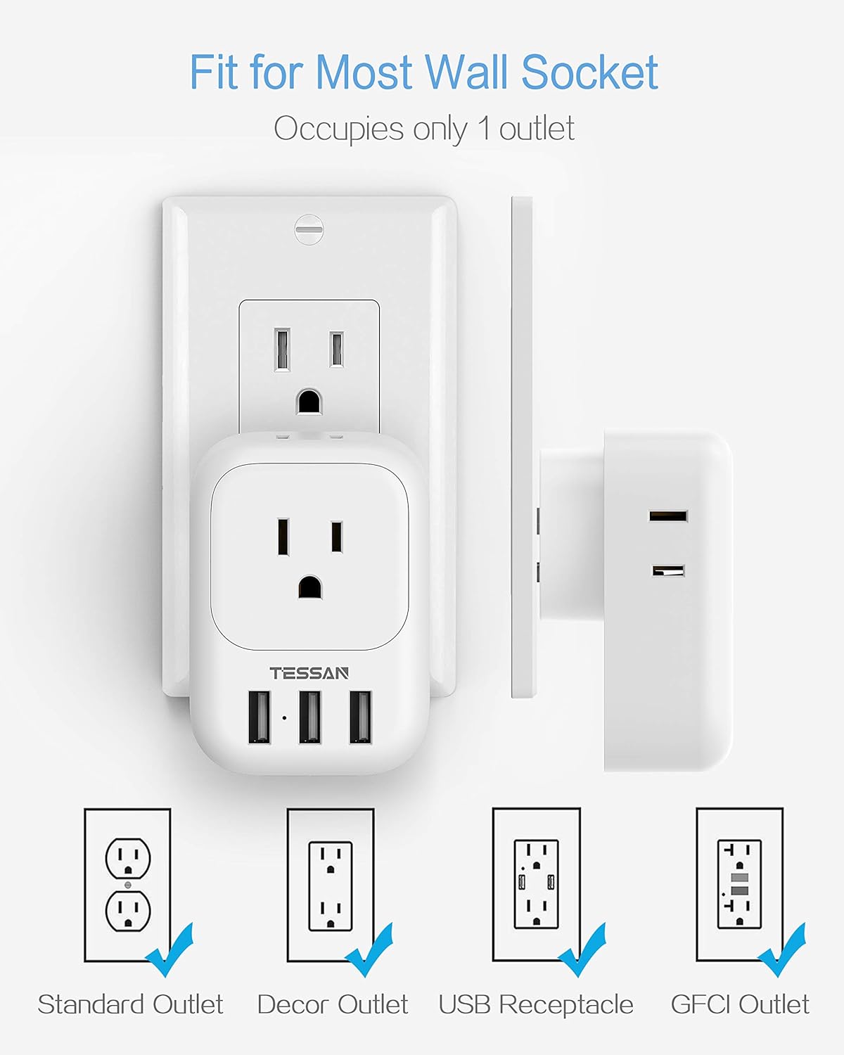 TESSAN Electrical 4 Box Splitter 3 USB Wall Charger, Multi Plug Outlet Extender with USB