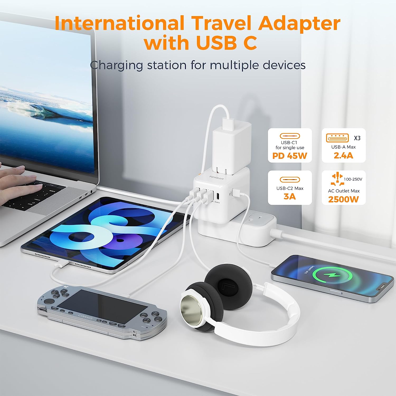 Universal Travel Adapter with 2 USB C and 3 USB Ports (Fast Charging PD 45W)