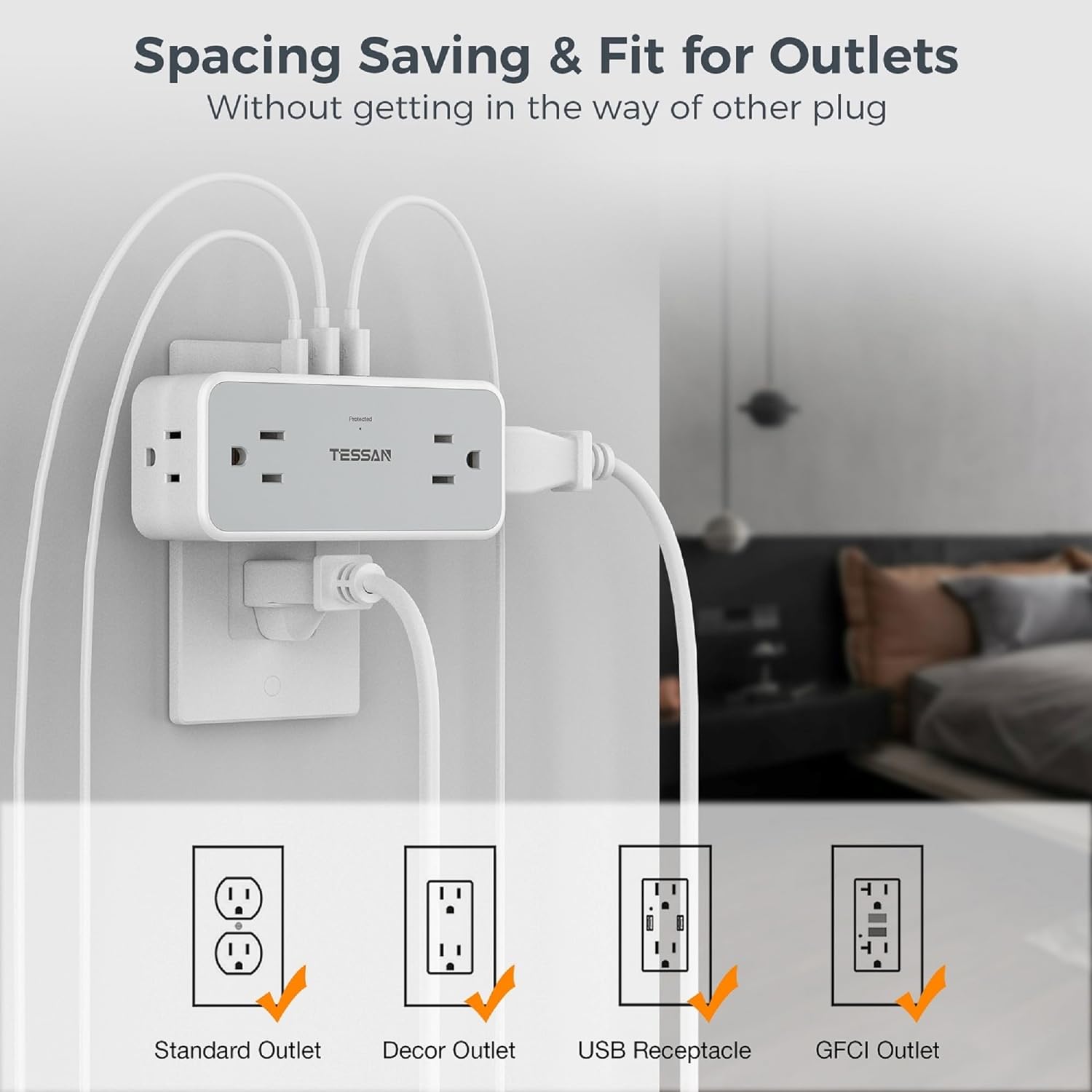 TESSAN 4 Wall Outlet Extender with 3 USB Wall Charger(1 USB C)