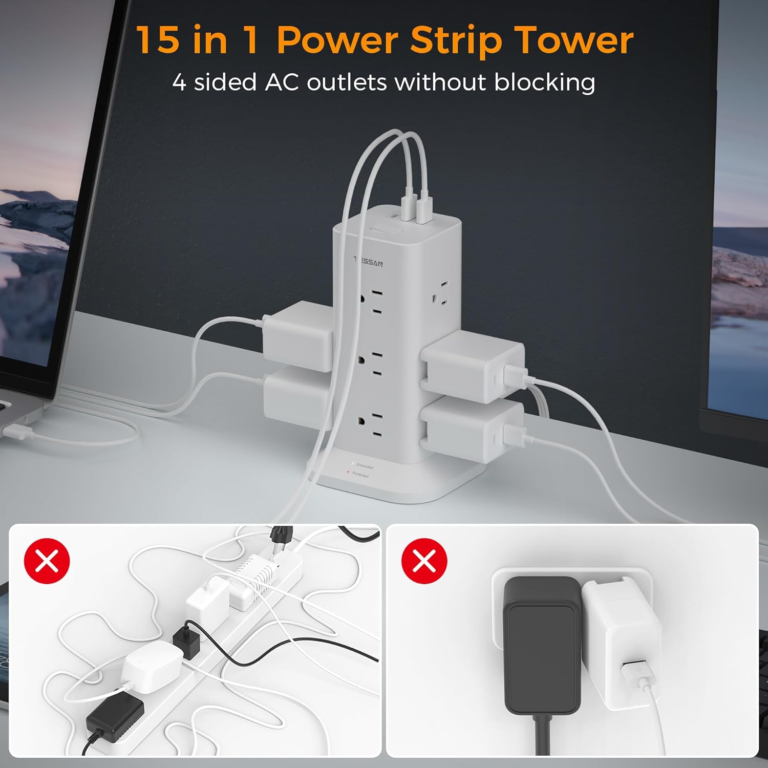 TESSAN Flat Plug Extension Cord 6 Feet with 12 Multiple Outlets 3 USB Ports (1 USB C)