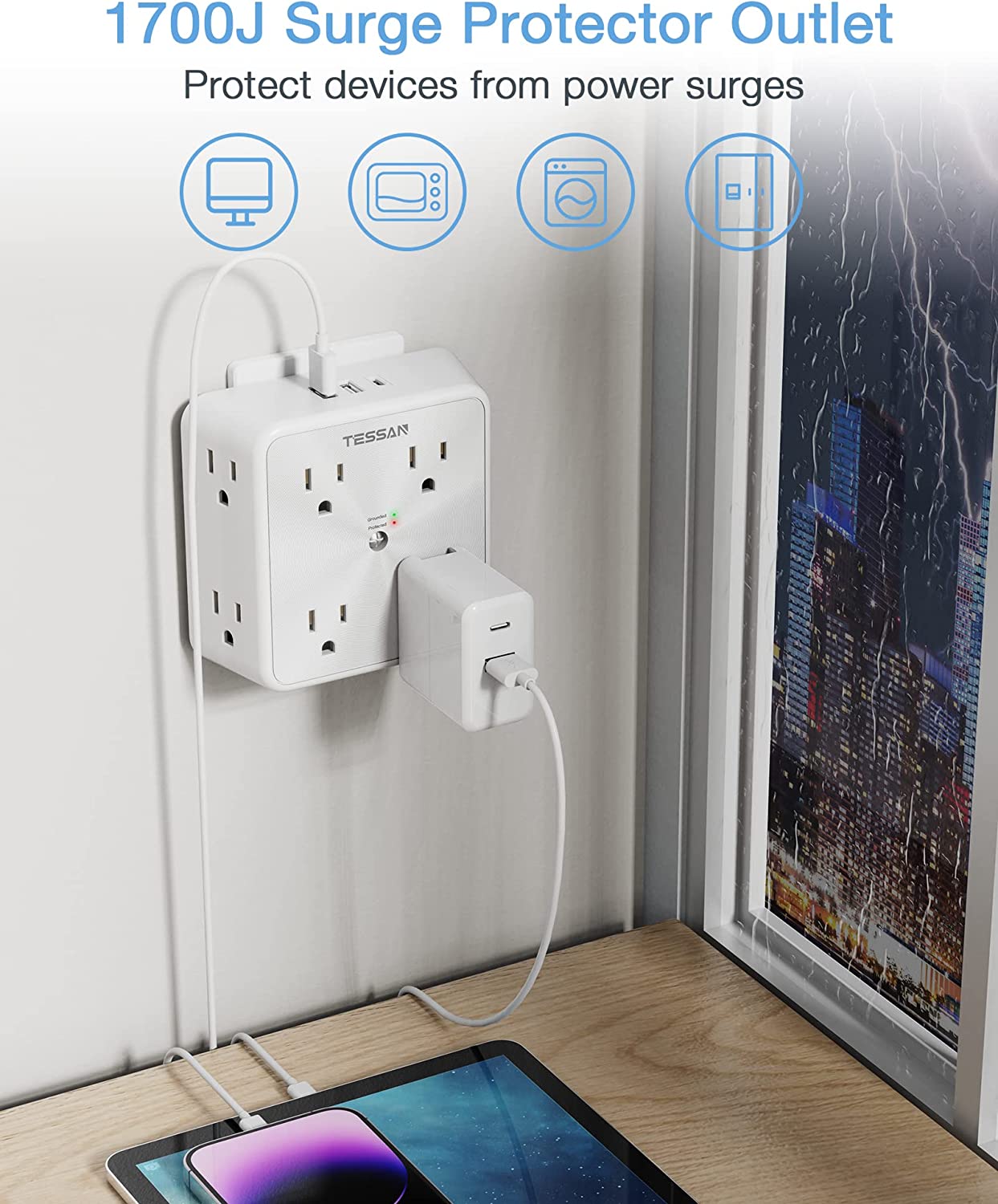 TESSAN Surge Protector Outlet Extender, 8 Multi Outlet Splitter with 3 USB Wall Charger (1 USB C Port)
