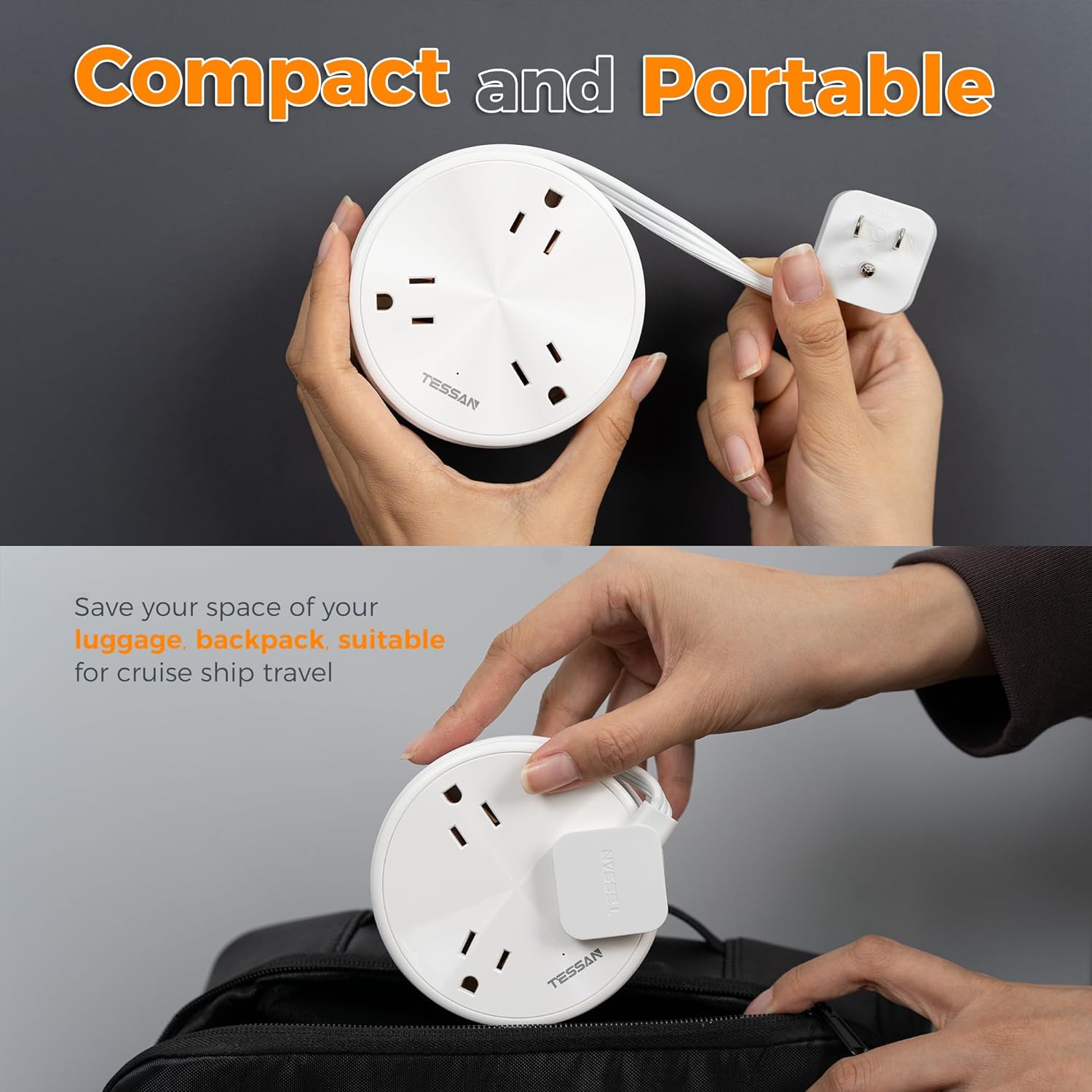 TESSAN Short Extension Cord 2 ft with 3 AC Outlets 3 USB (1 USB C) Ports