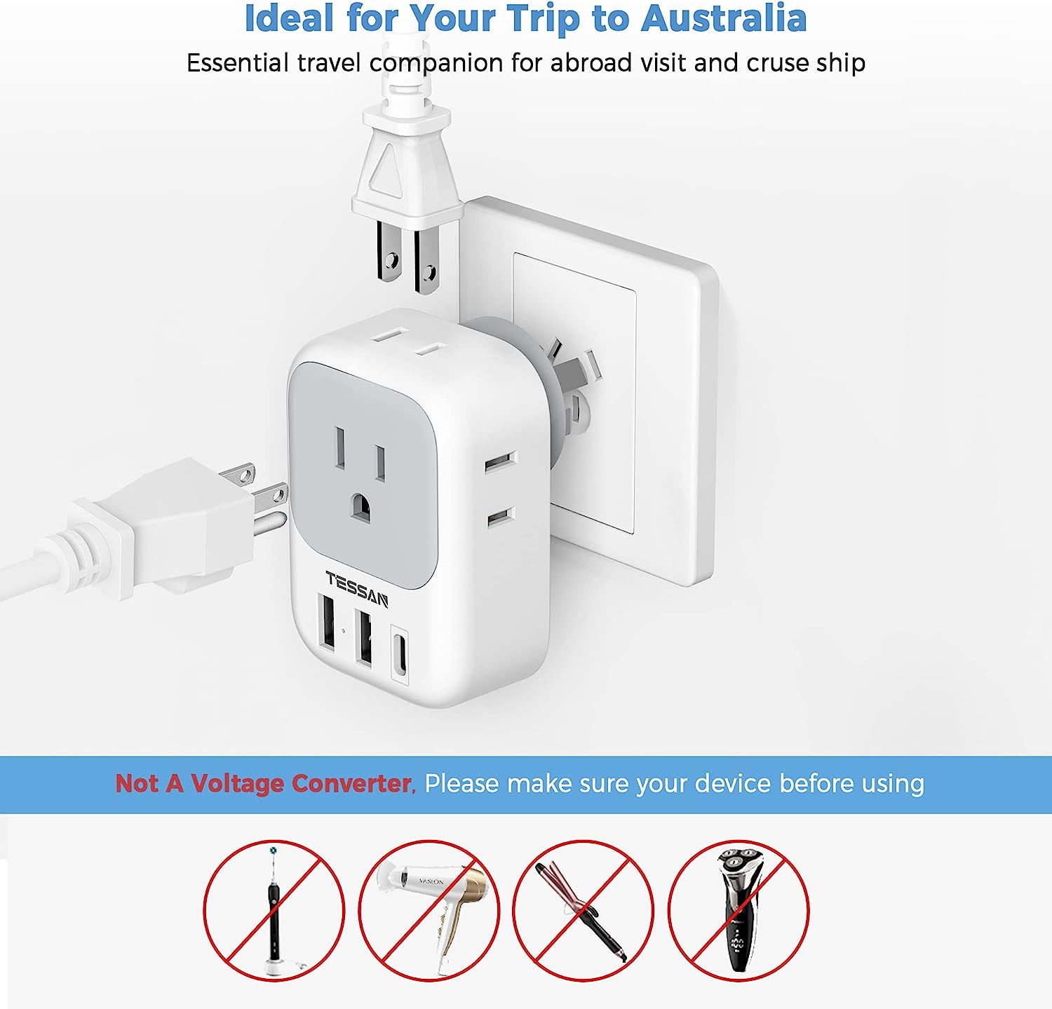 TESSAN Australia Travel Adaptor with 4 American Outlets 3 USB Charger
