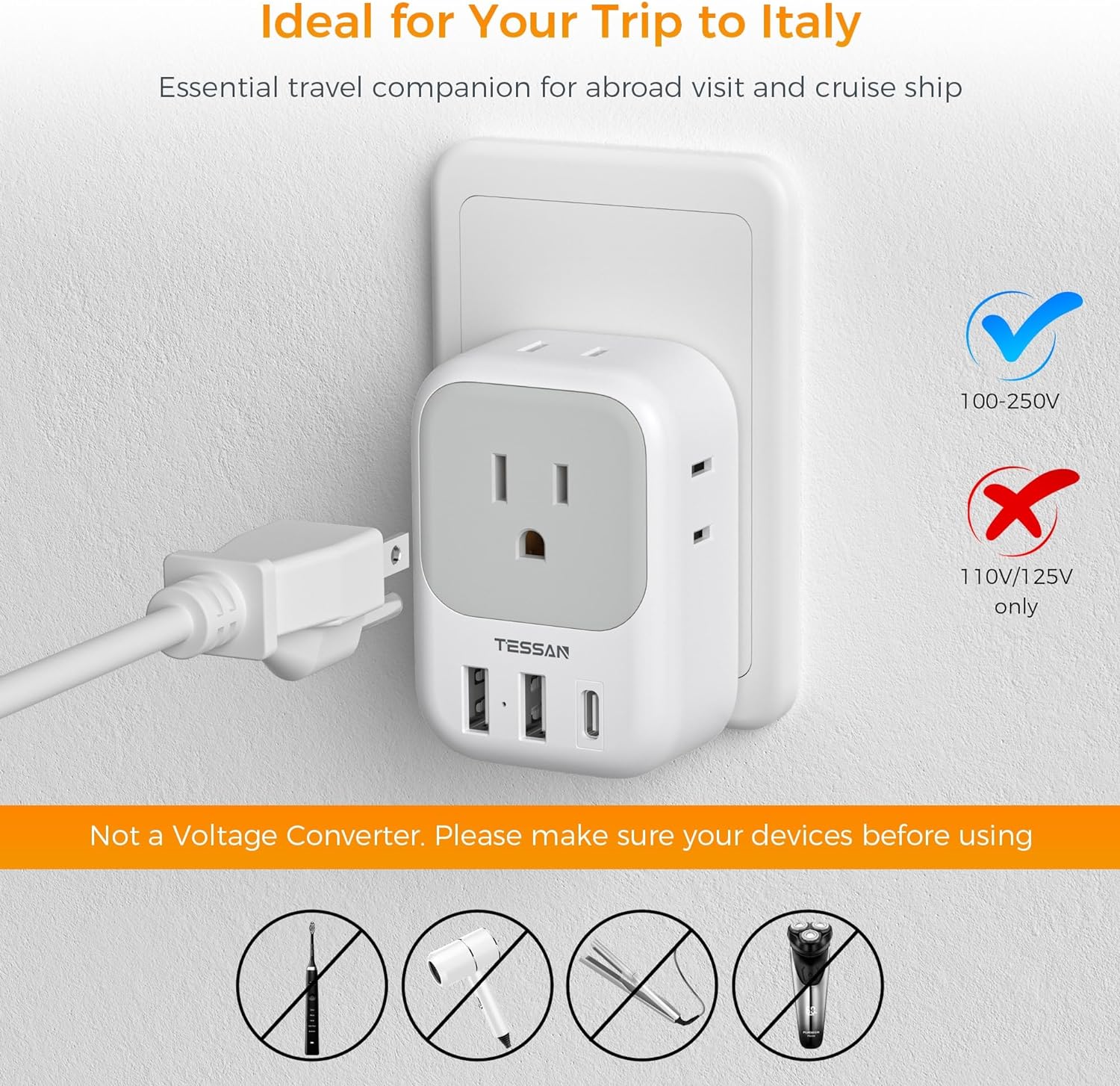 TESSAN Italy Power Adapter with 4 Outlets 3 USB Charger (1 USB C Port), Italy Travel Plug Adapter 2 Pack