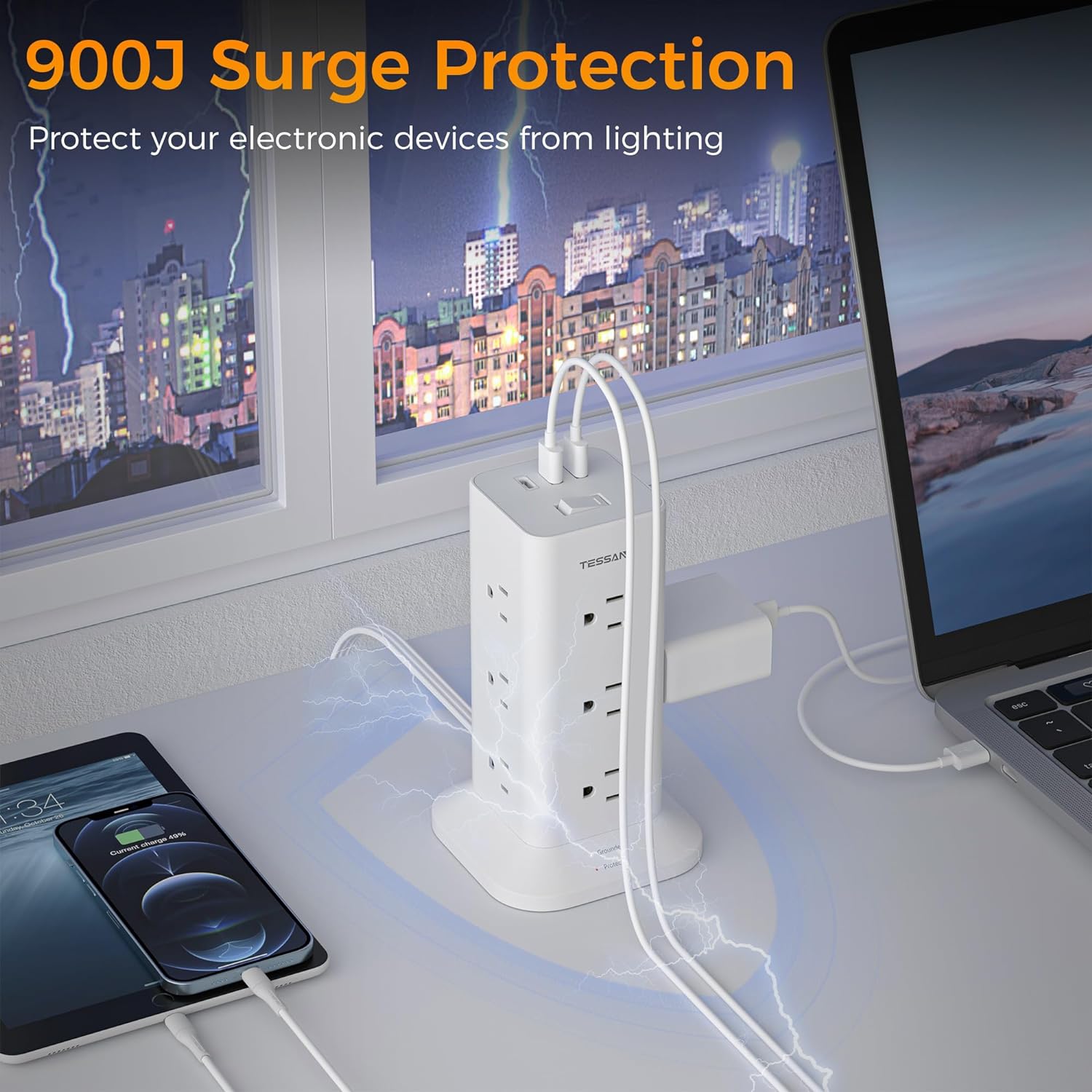 TESSAN Flat Plug Extension Cord 6 Feet with 12 Multiple Outlets 3 USB Ports (1 USB C)